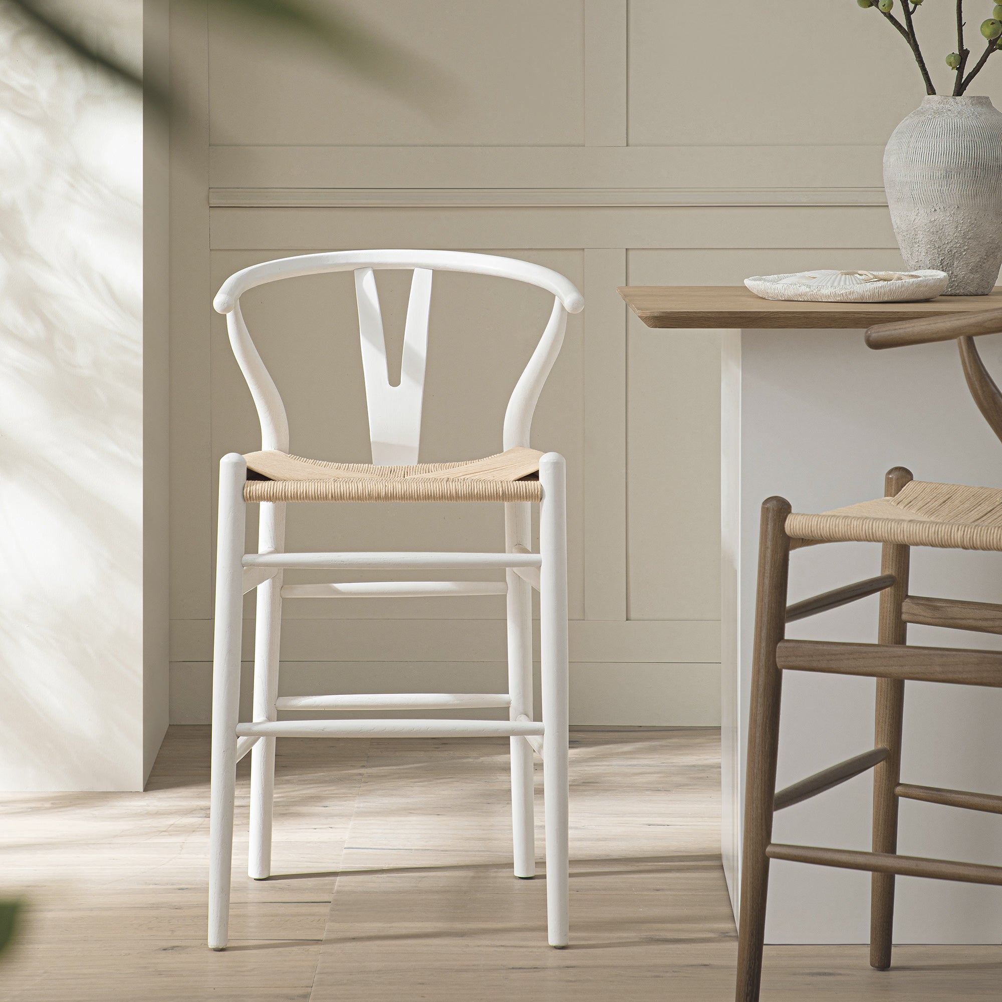 Hansel Wooden Natural Weave Counter Stool, White Frame