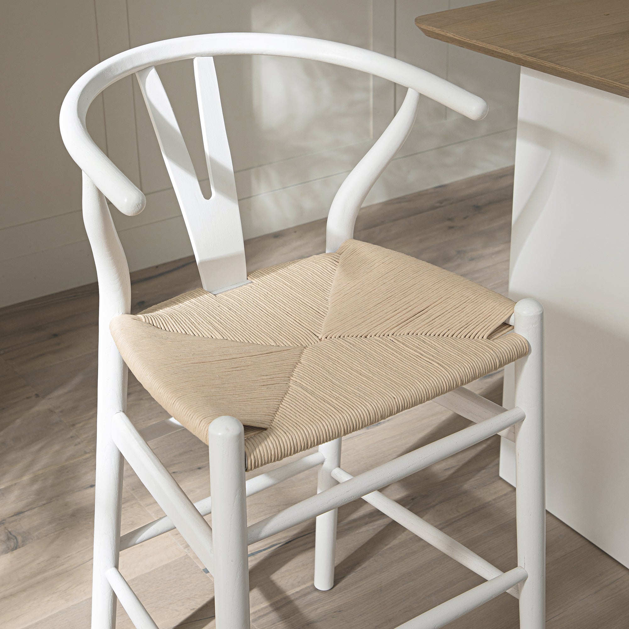 Hansel Wooden Natural Weave Counter Stool, White Frame