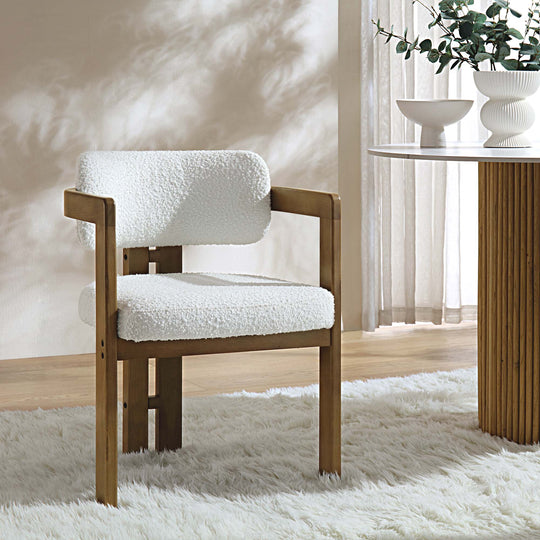 Stanford Curved Oak Frame Upholstered Chair, White Boucle Light Walnut ...