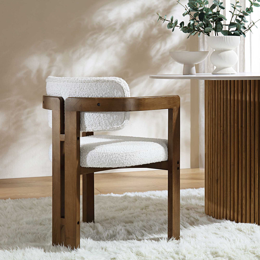 Stanford Curved Oak Frame Upholstered Chair, White Boucle Light Walnut ...