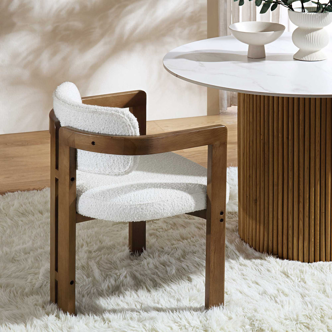 Stanford Curved Oak Frame Upholstered Chair, White Boucle Light Walnut ...