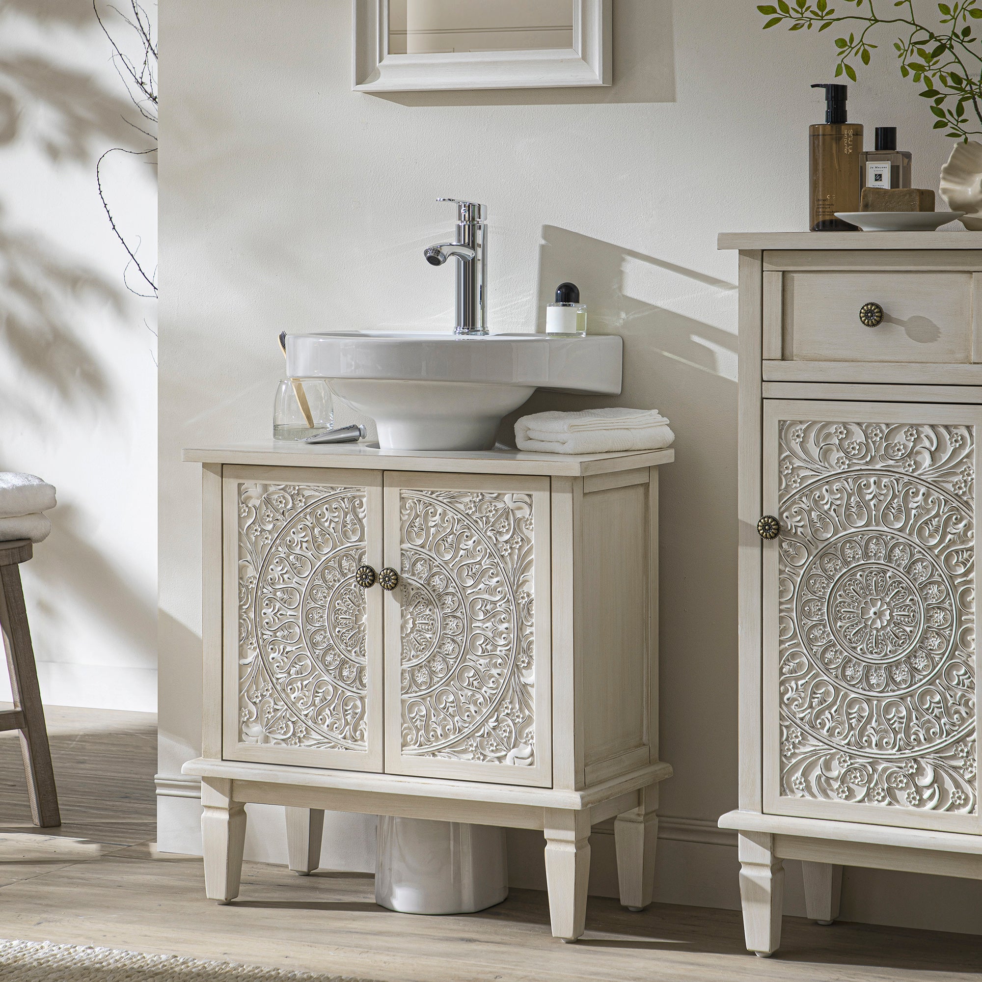 Chantilly Whitewashed Carved Bathroom Undersink Unit