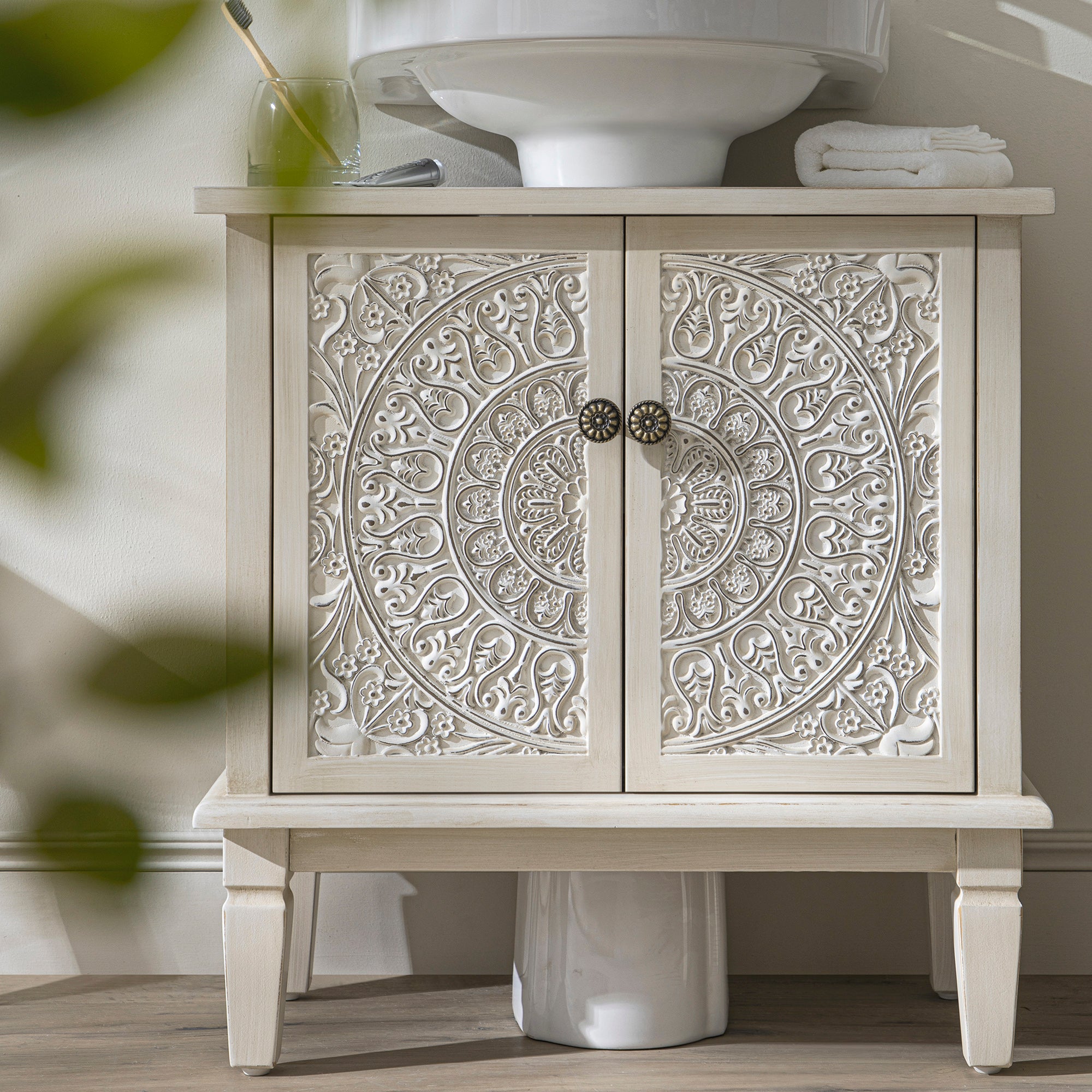 Chantilly Whitewashed Carved Bathroom Undersink Unit