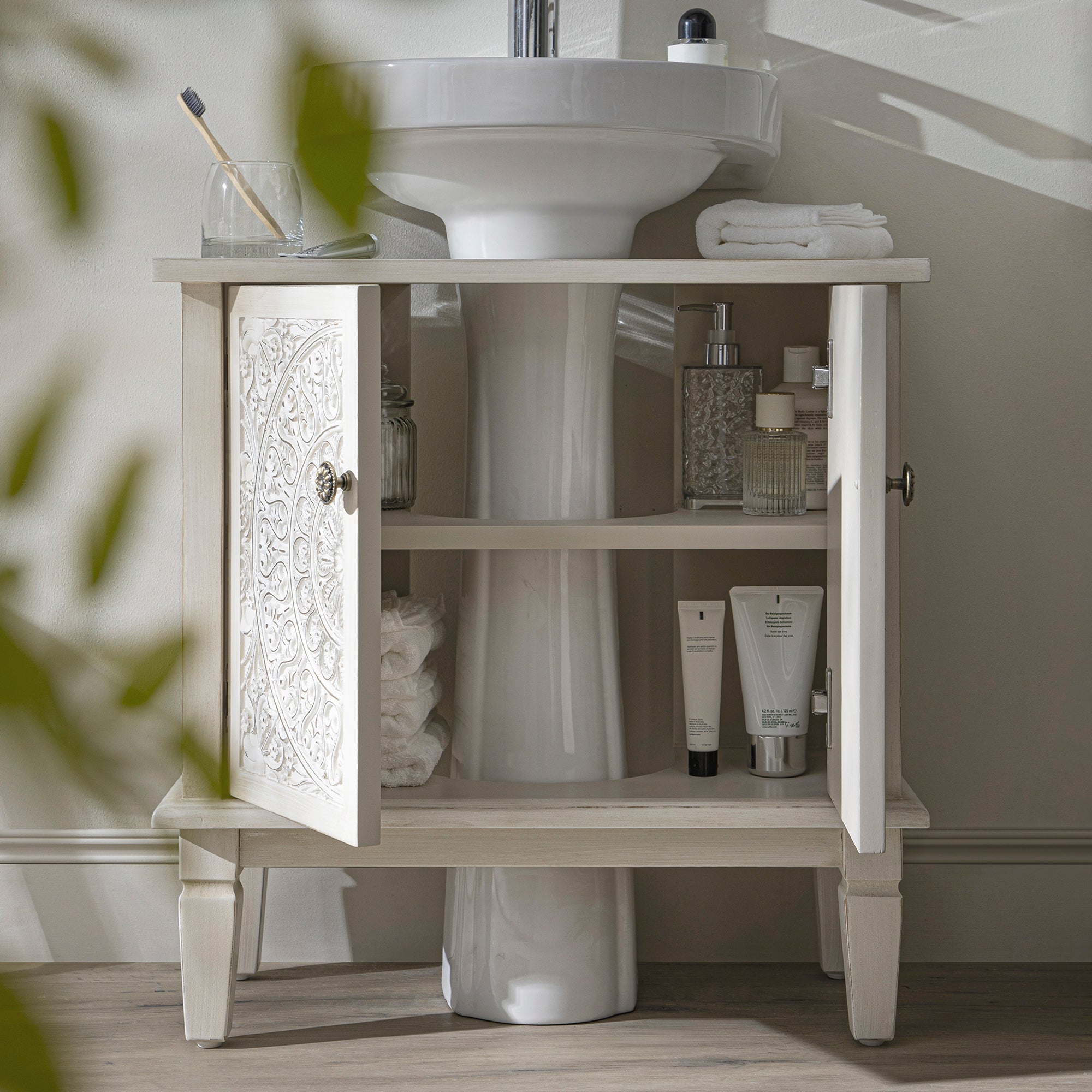 Chantilly Whitewashed Carved Bathroom Undersink Unit