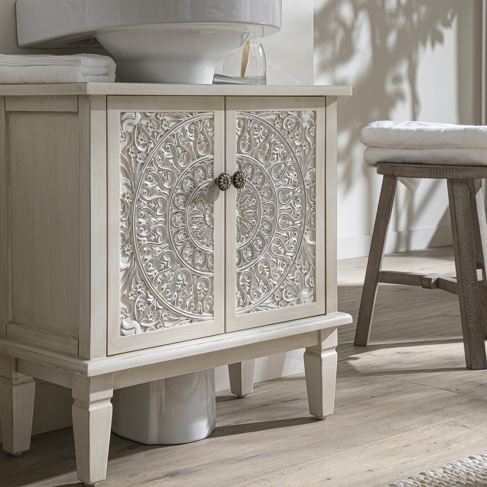 Chantilly Whitewashed Carved Bathroom Undersink Unit