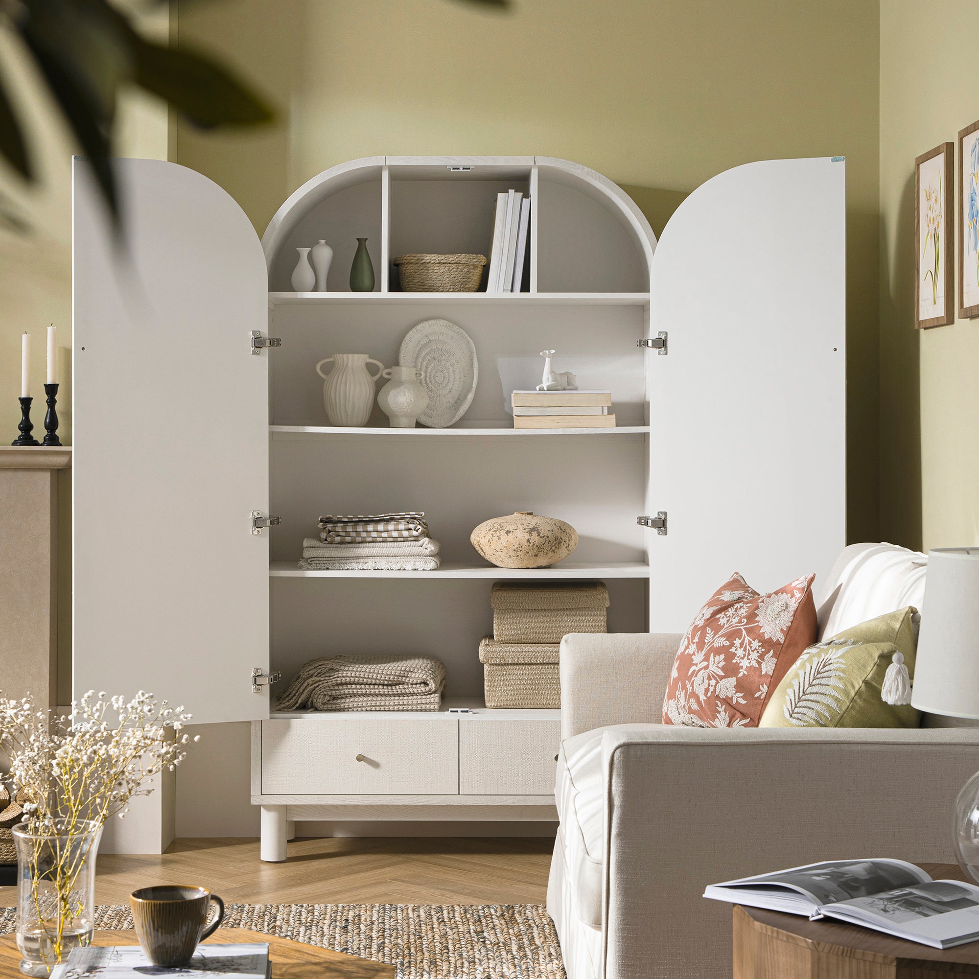 Maude Large Storage Cabinet, Washed White Ash with Raffia