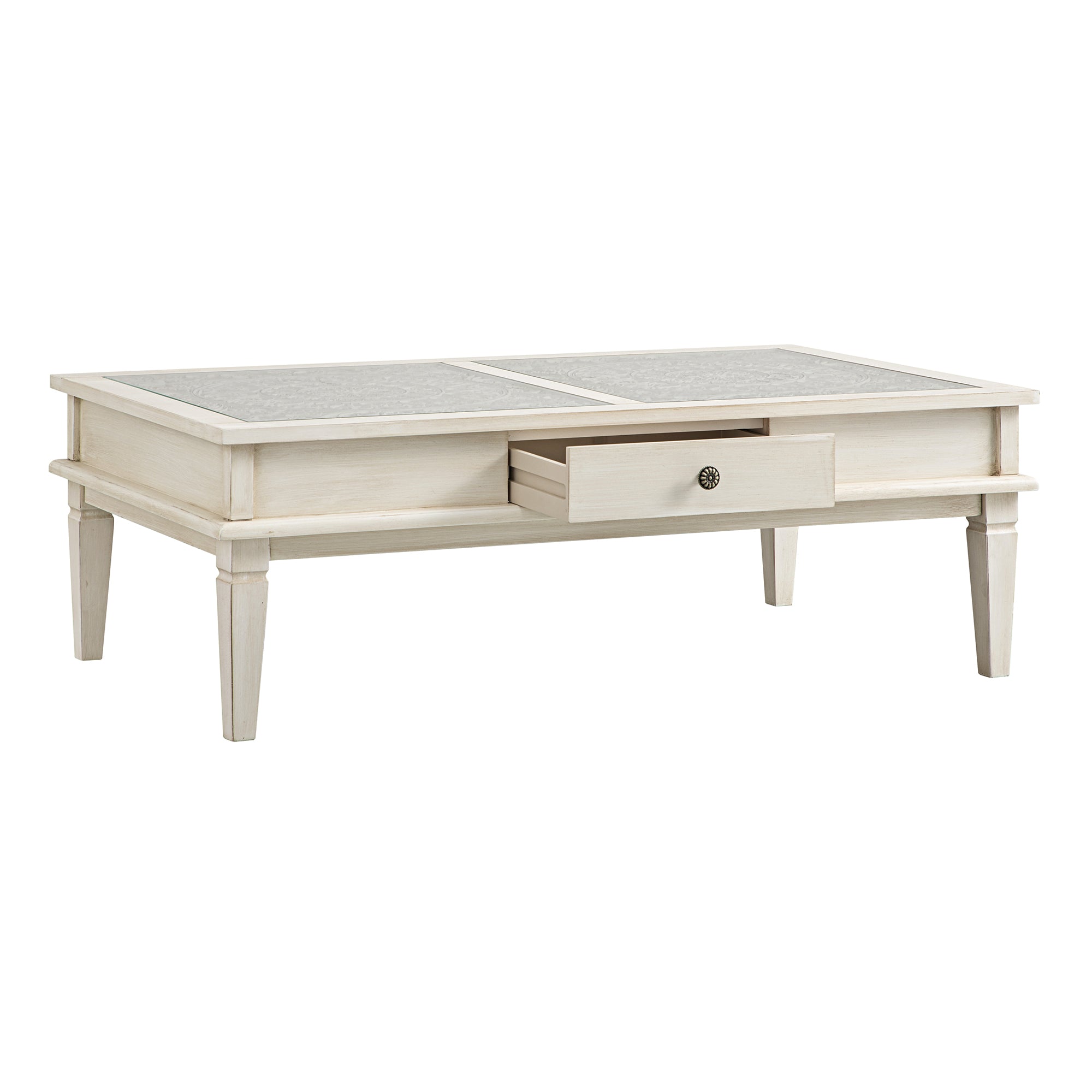 Chantilly Whitewashed Coffee Table with Drawers