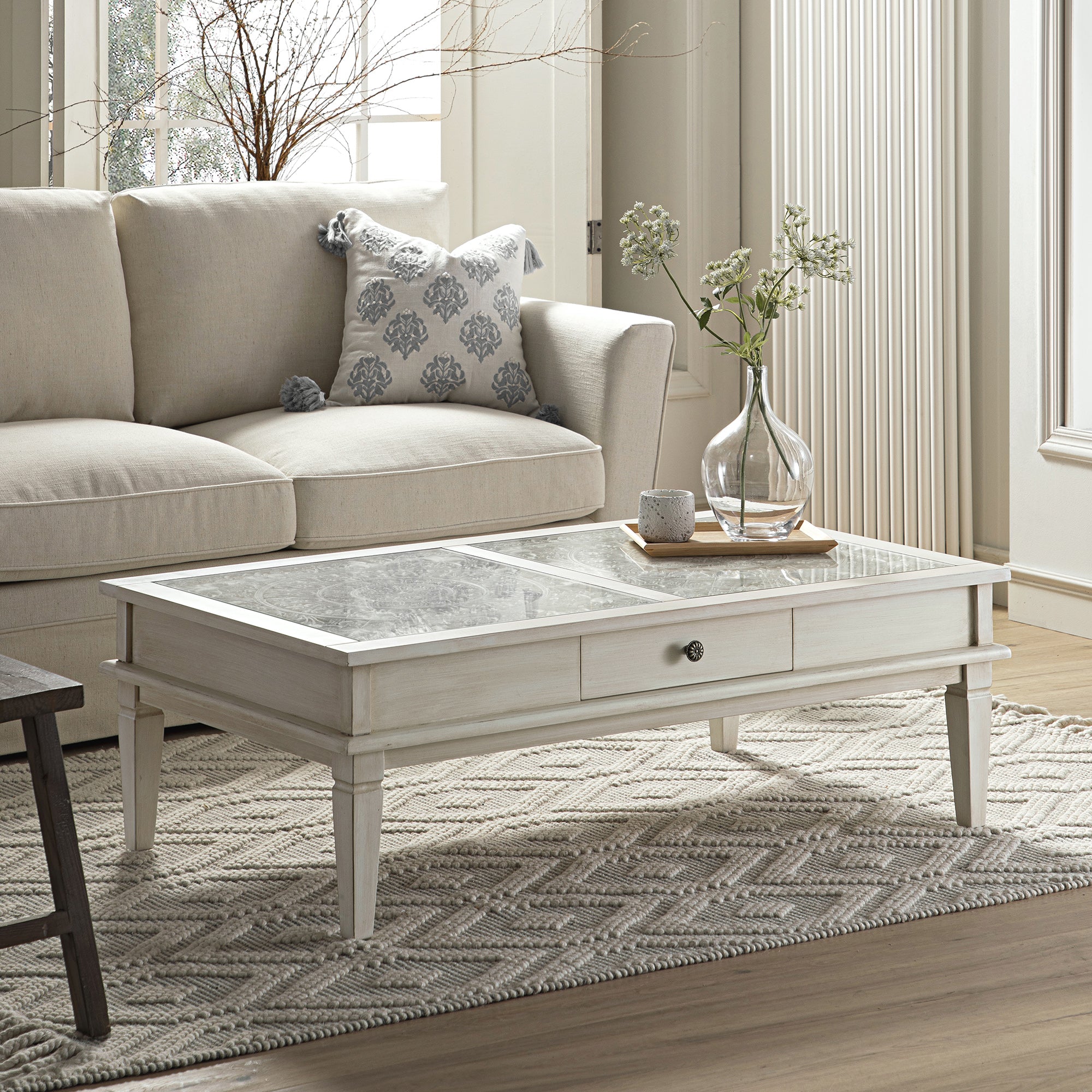 Chantilly Whitewashed Coffee Table with Drawers