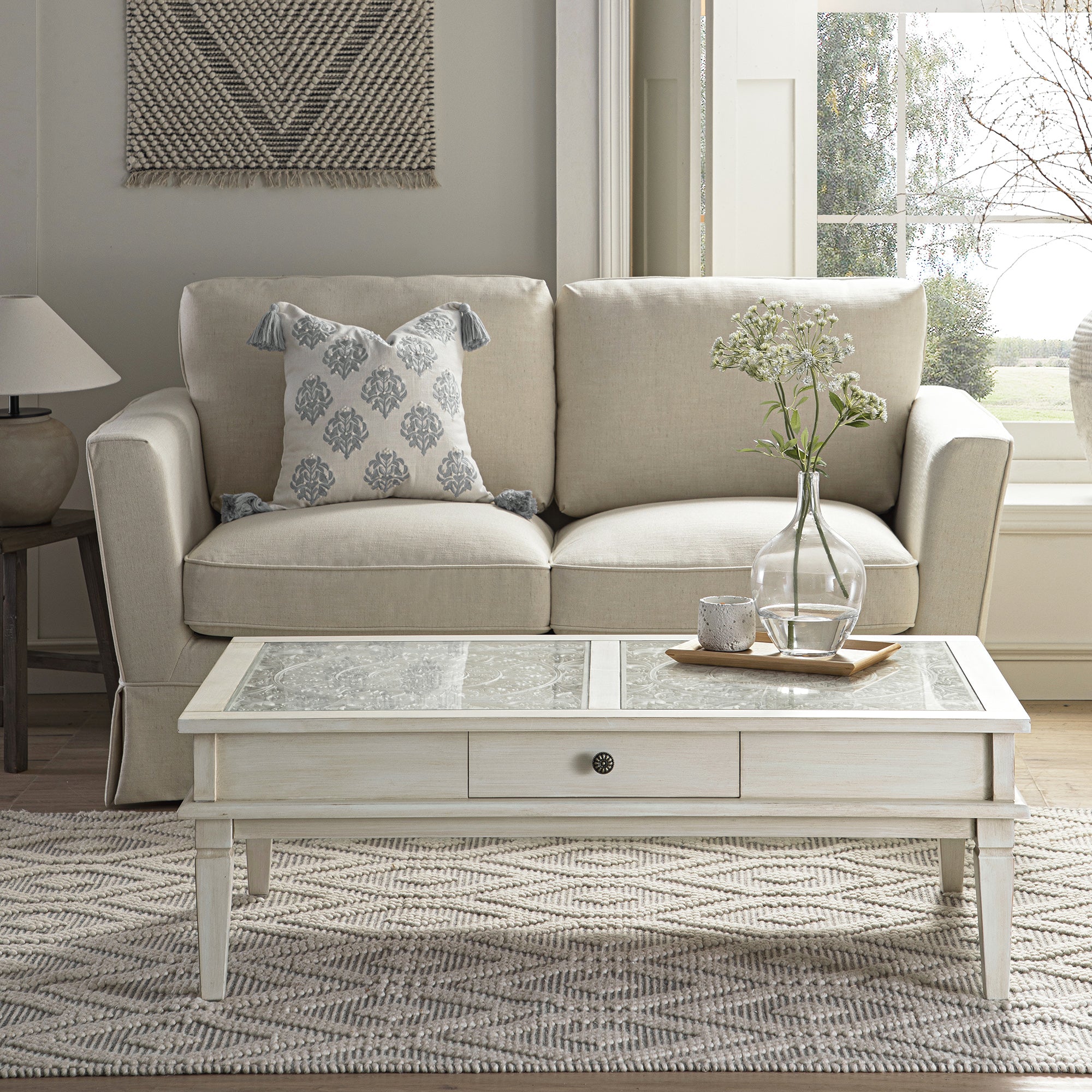 Chantilly Whitewashed Coffee Table with Drawers