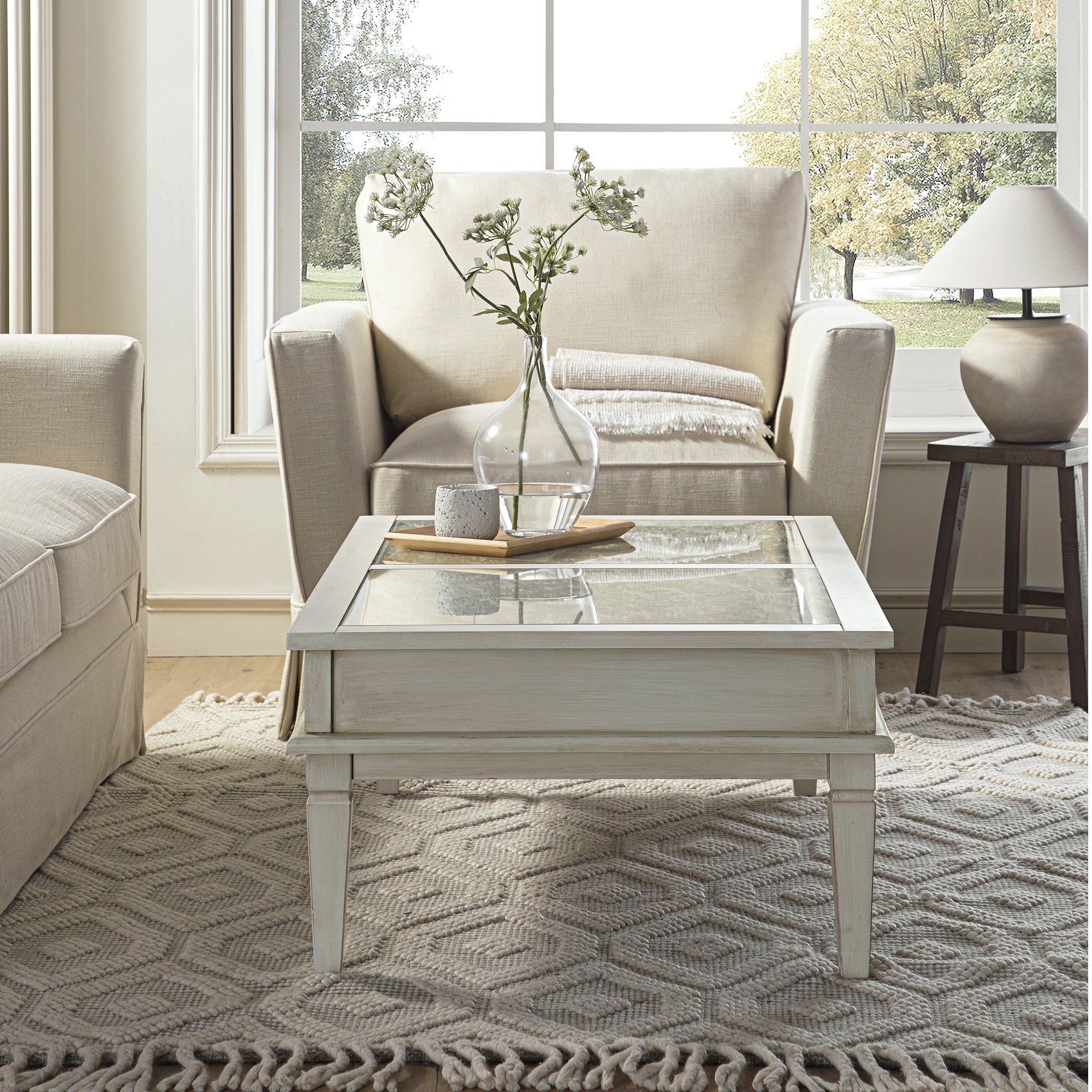 Chantilly Whitewashed Coffee Table with Drawers