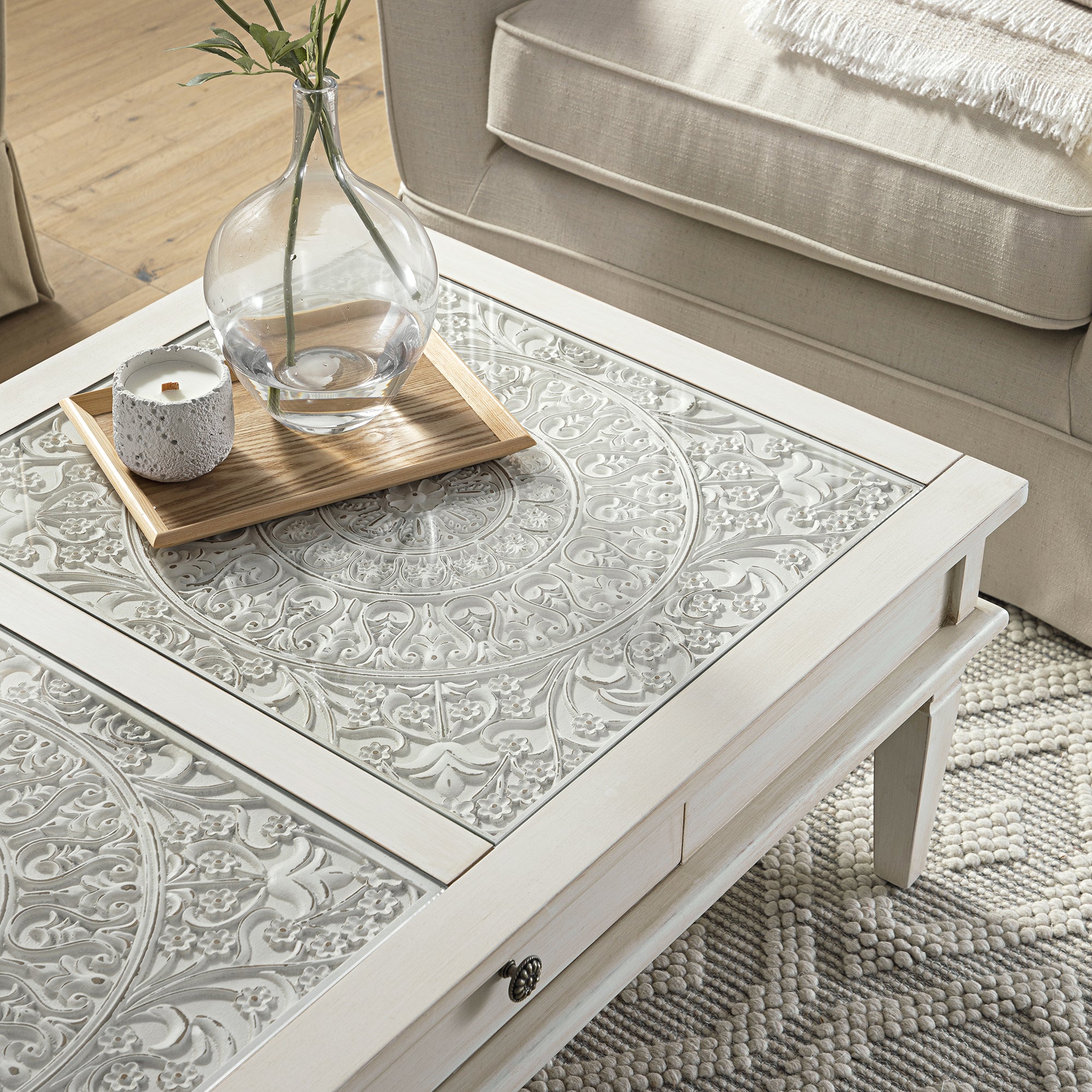 Chantilly Whitewashed Coffee Table with Drawers