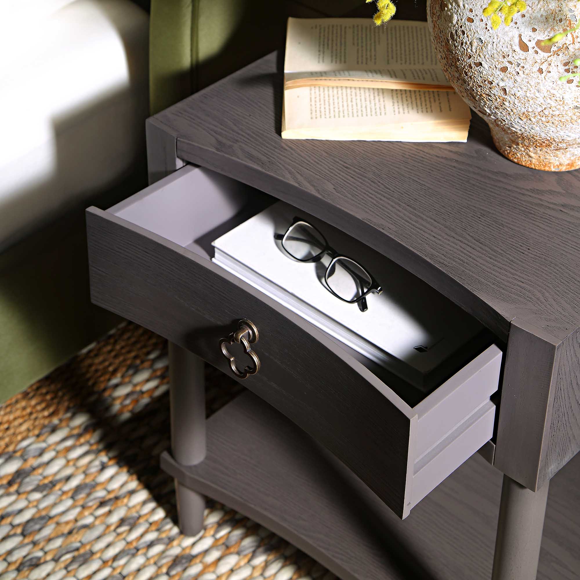 Thalia Concave 1 Drawer Bedside Table, Silver Oak