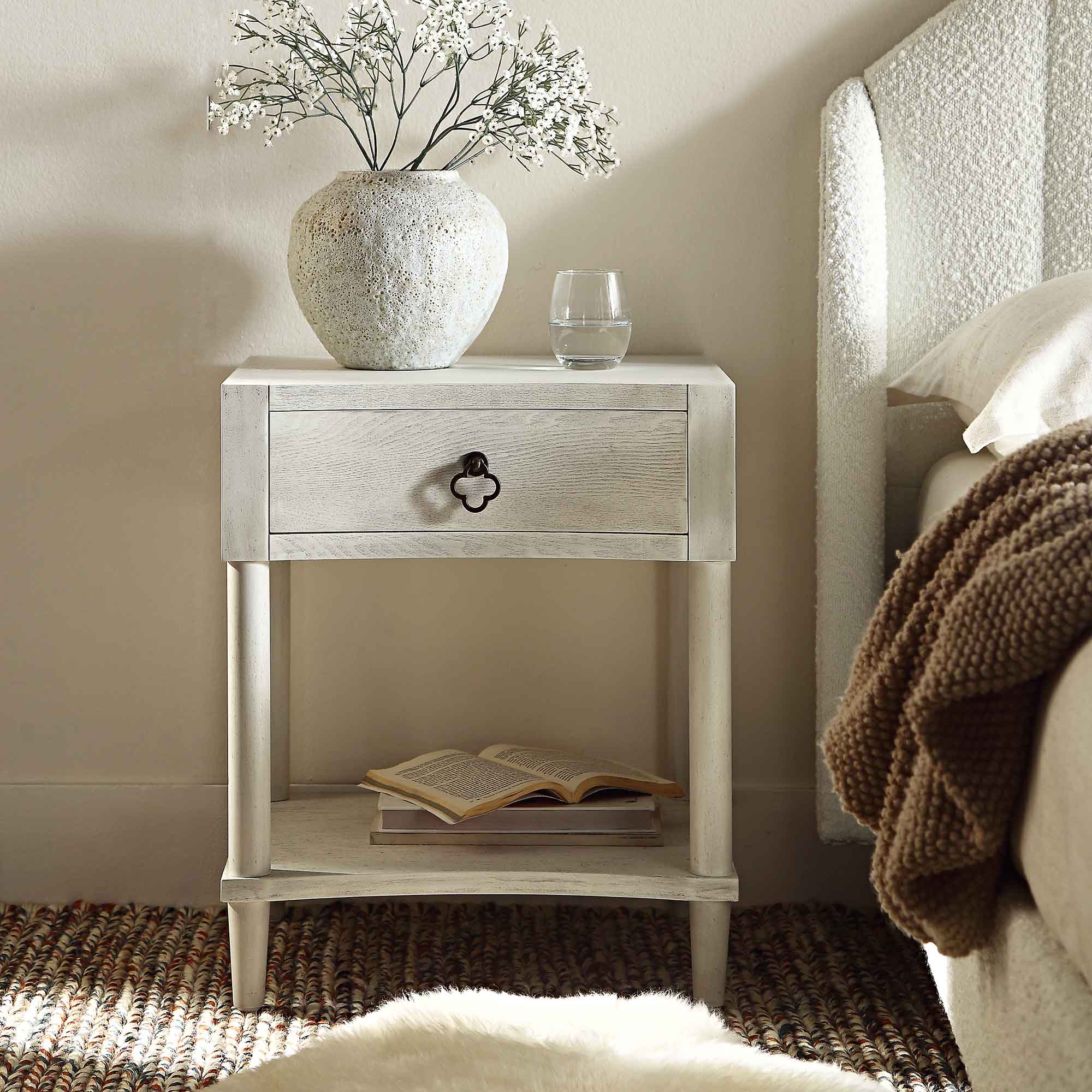 Thalia Concave 1 Drawer Bedside Table, Washed White