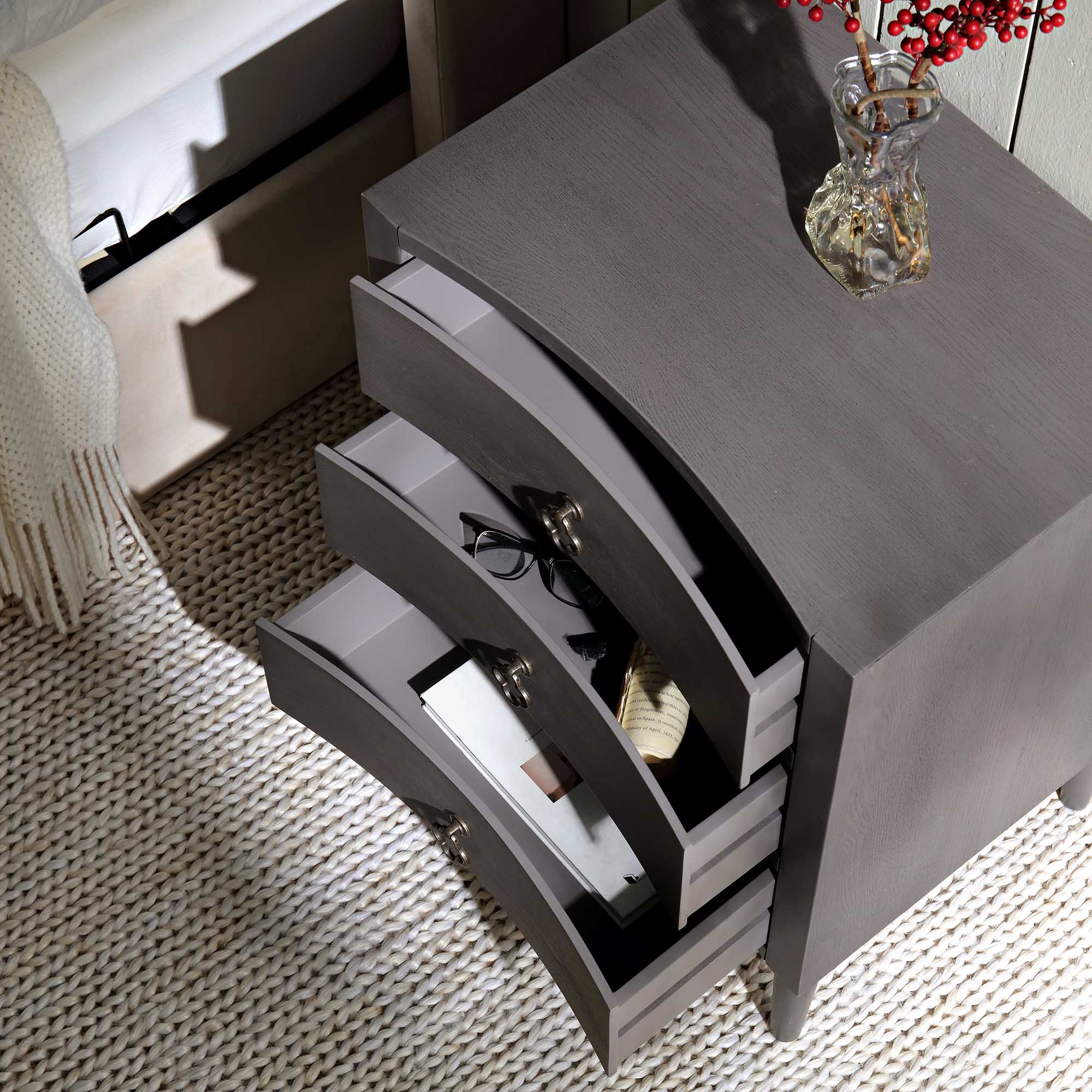 Thalia Concave 3 Drawer Bedside Table, Silver Oak