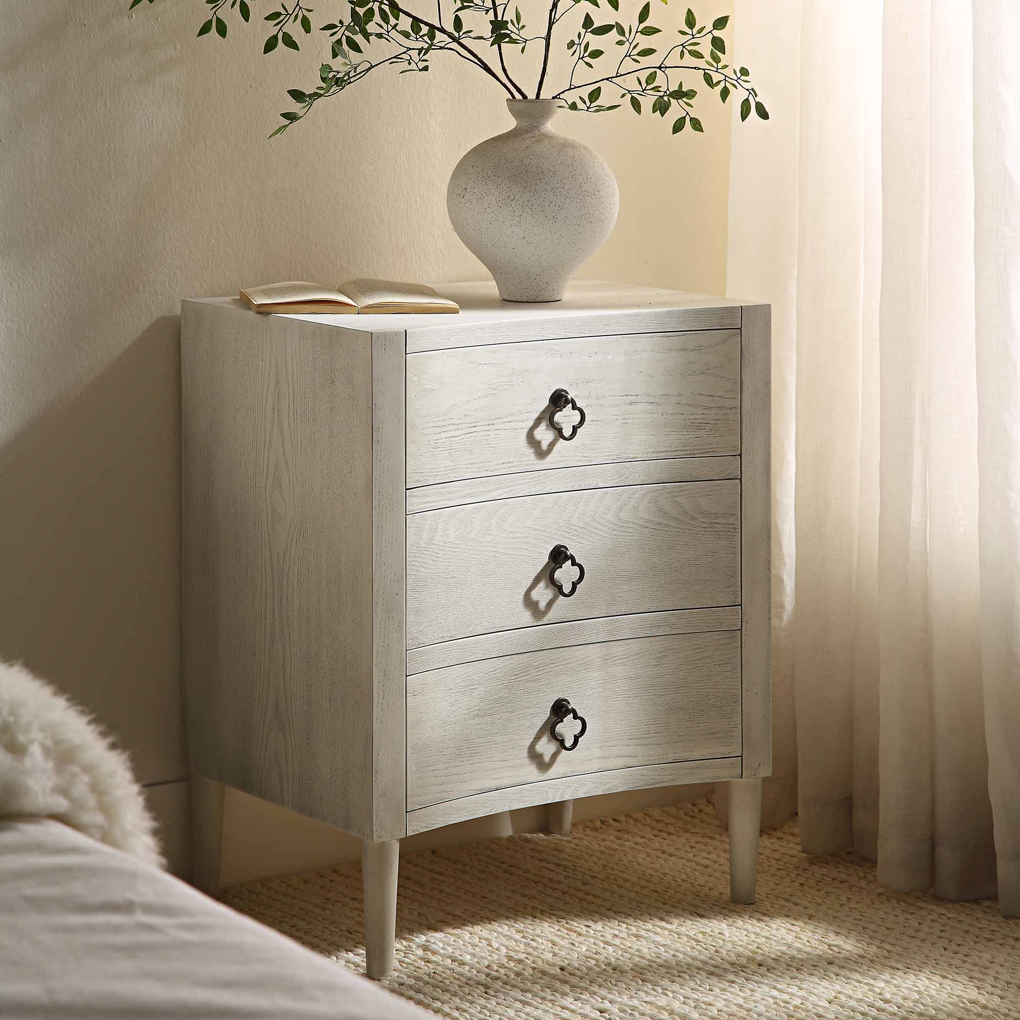 Thalia Concave 3 Drawer Bedside Table, Washed White