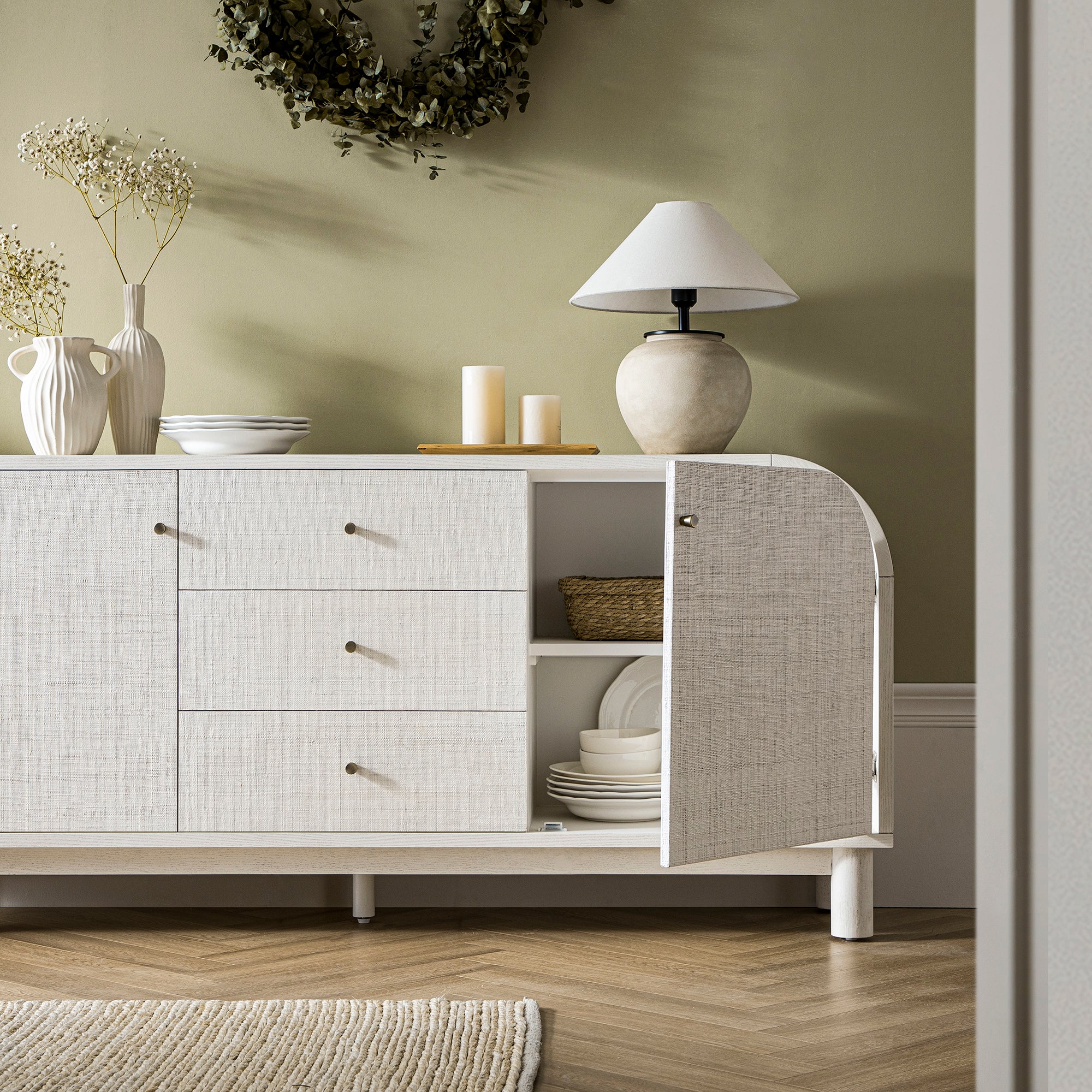 Maude Wide 3-Drawer Sideboard, Washed White Ash with Raffia