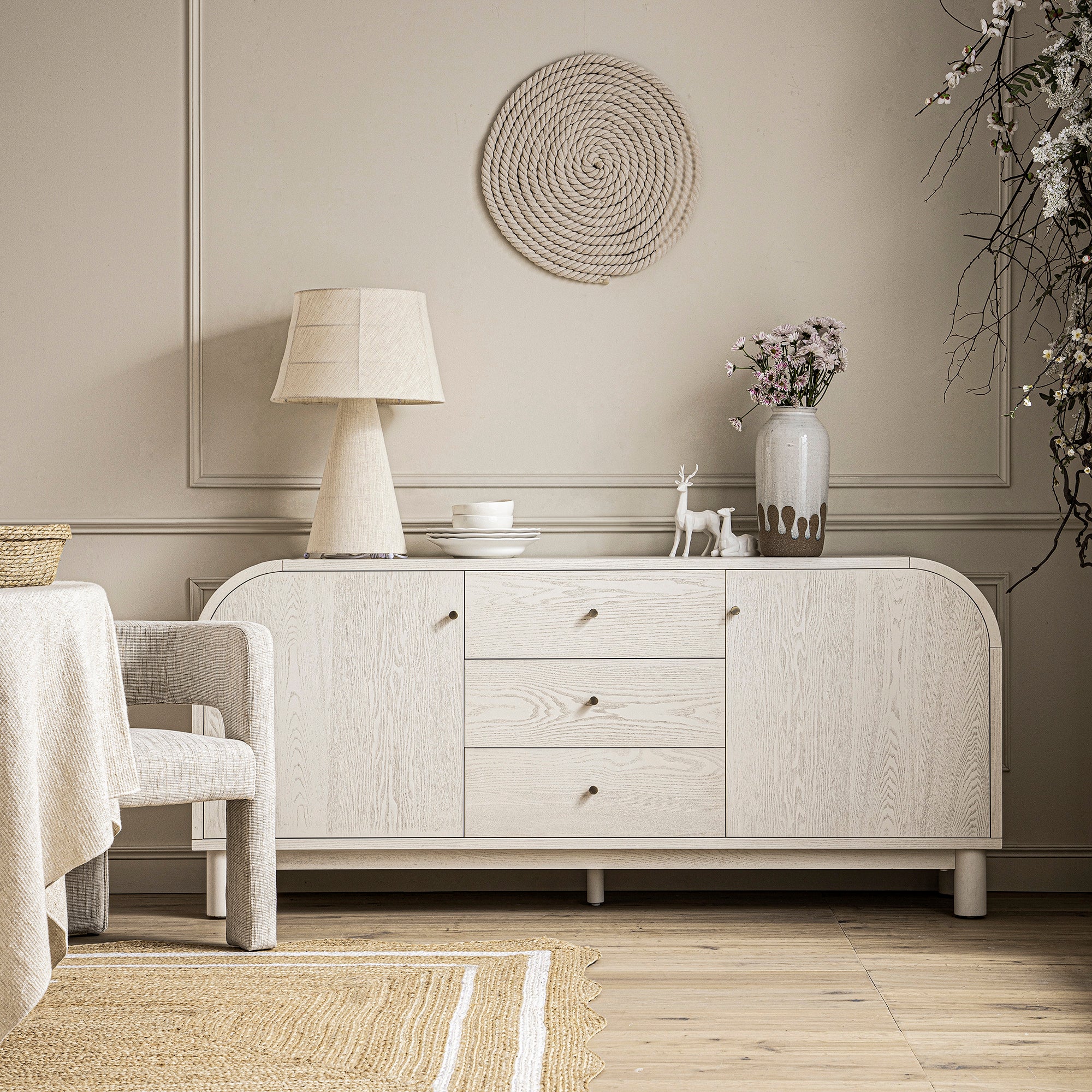 Maude Wide 3-Drawer Sideboard, Washed White Ash