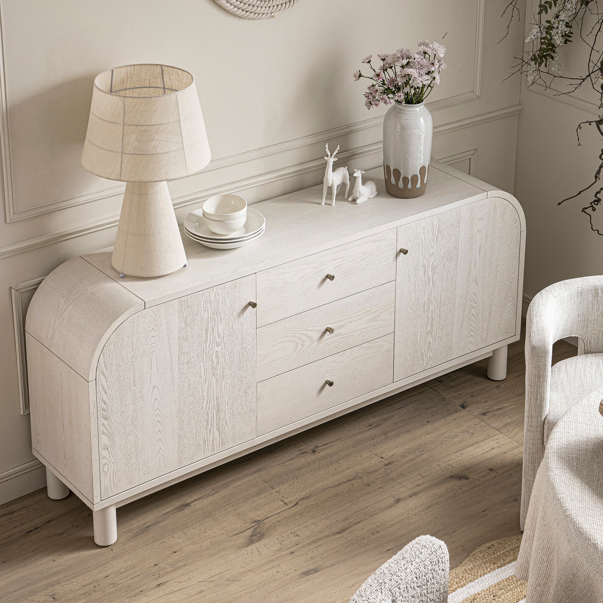 Maude Wide 3-Drawer Sideboard, Washed White Ash