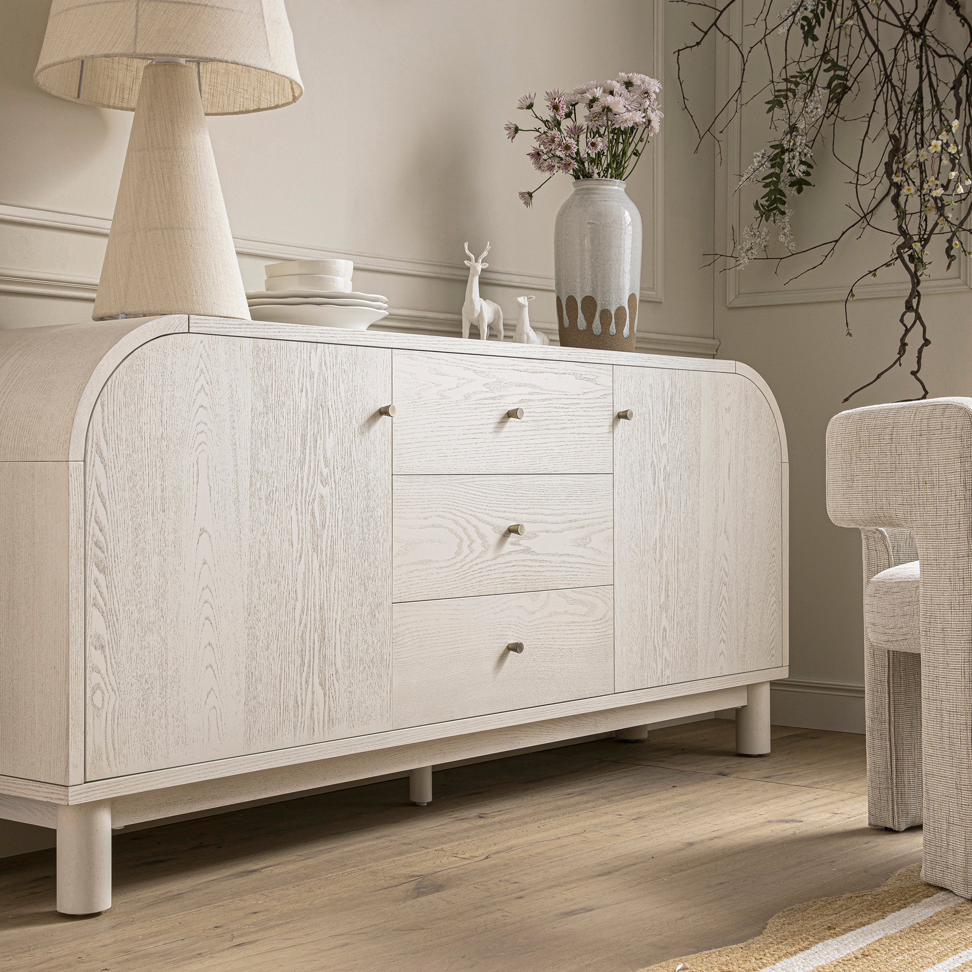 Maude Wide 3-Drawer Sideboard, Washed White Ash