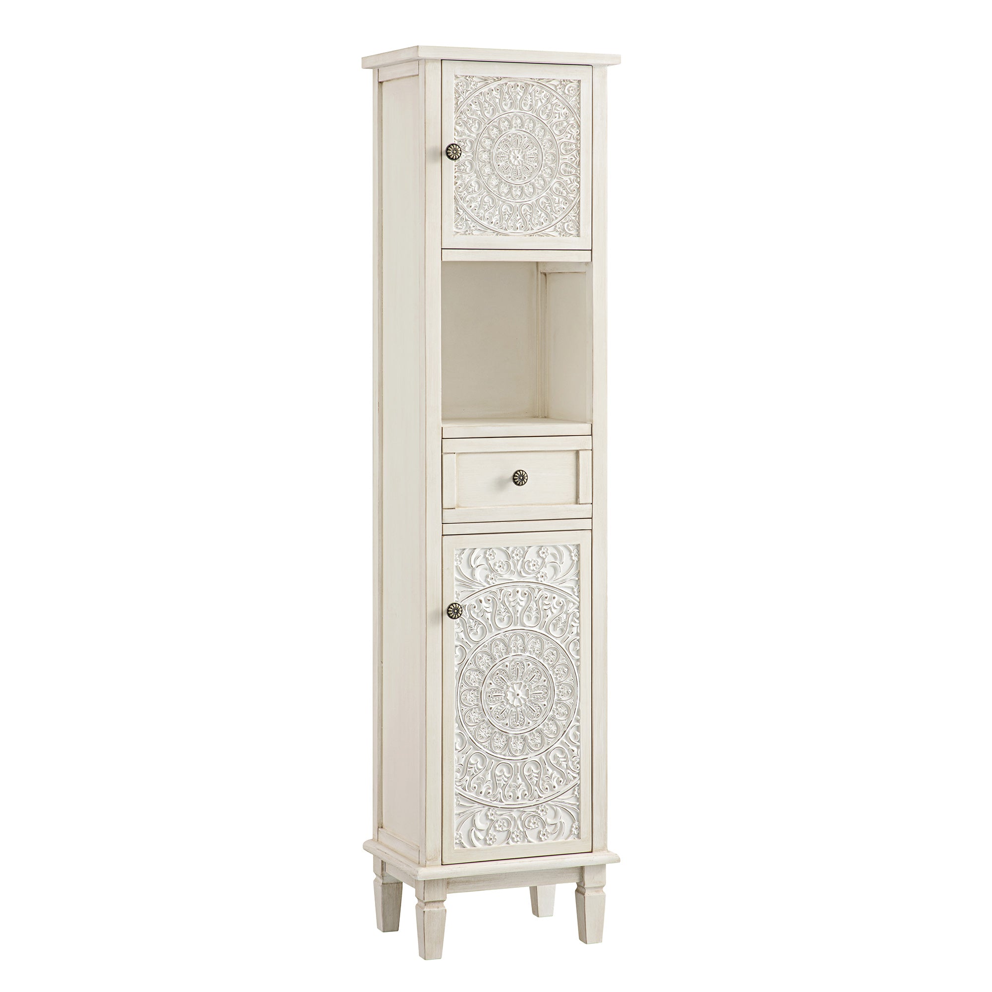 Chantilly Whitewashed Carved Bathroom Tallboy Cabinet