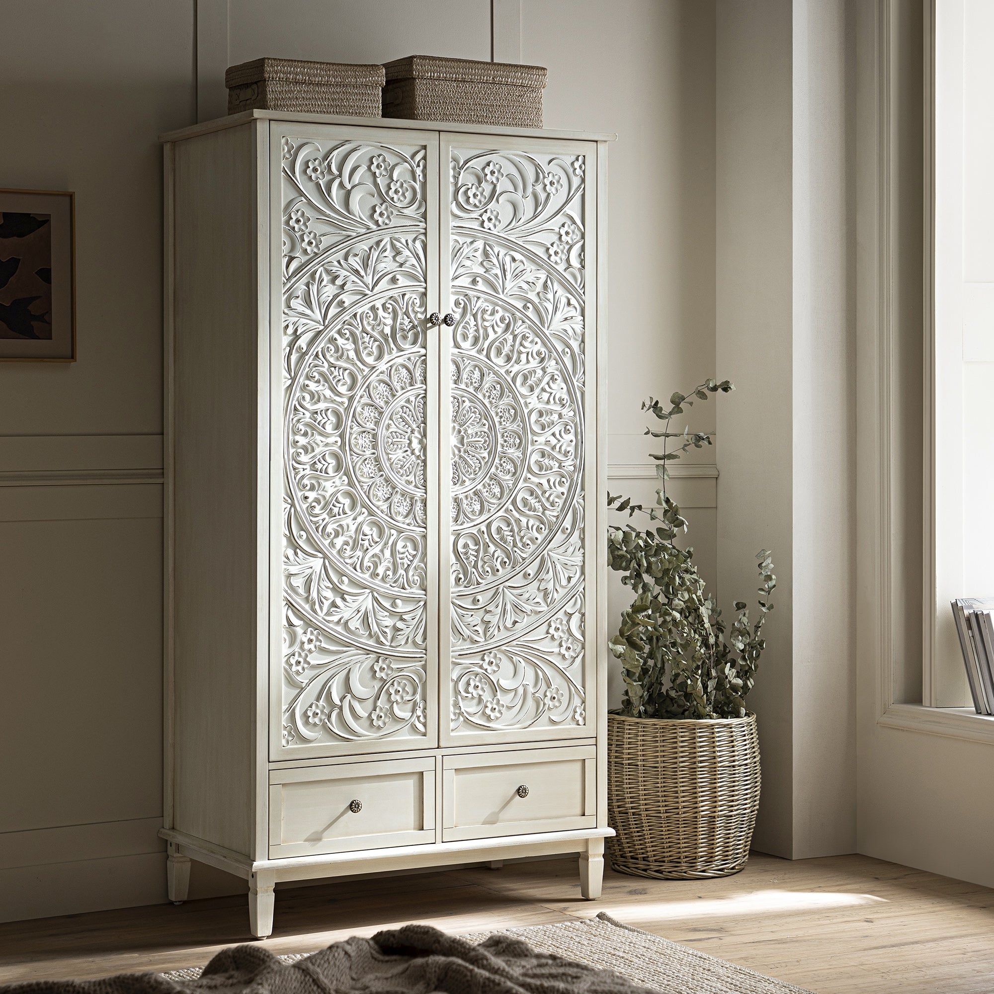 Chantilly Whitewashed Carved Double Wardrobe