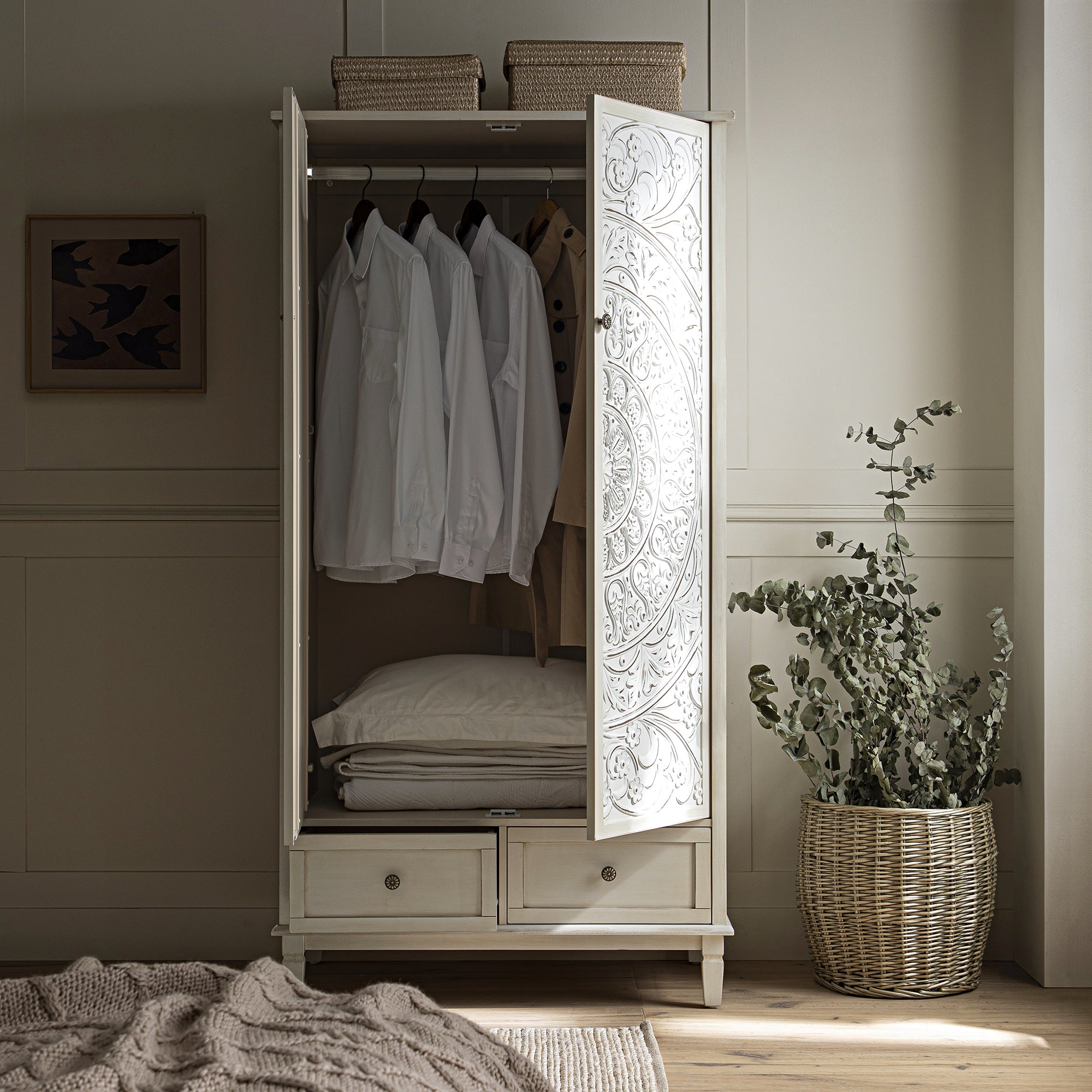 Chantilly Whitewashed Carved Double Wardrobe