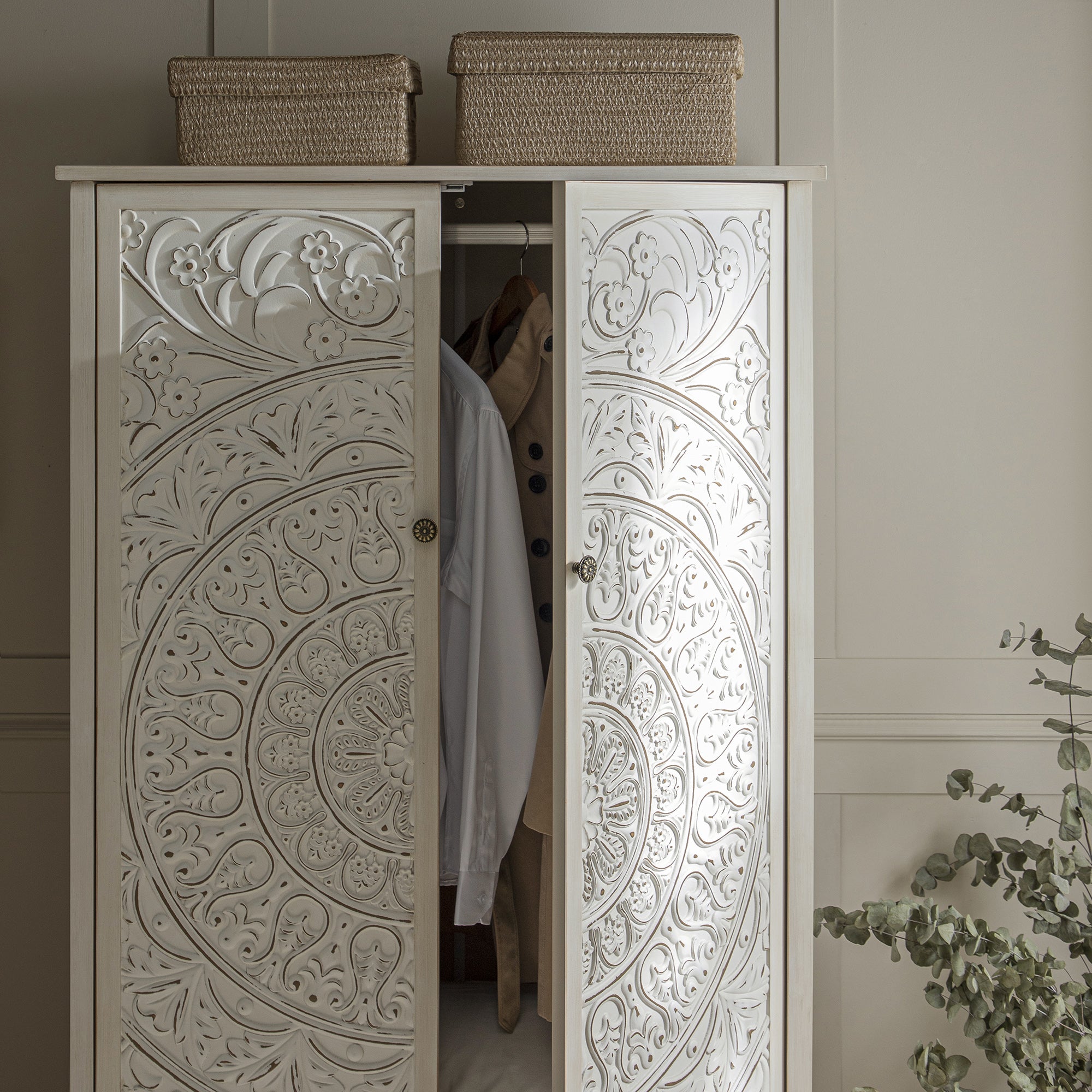 Chantilly Whitewashed Carved Double Wardrobe