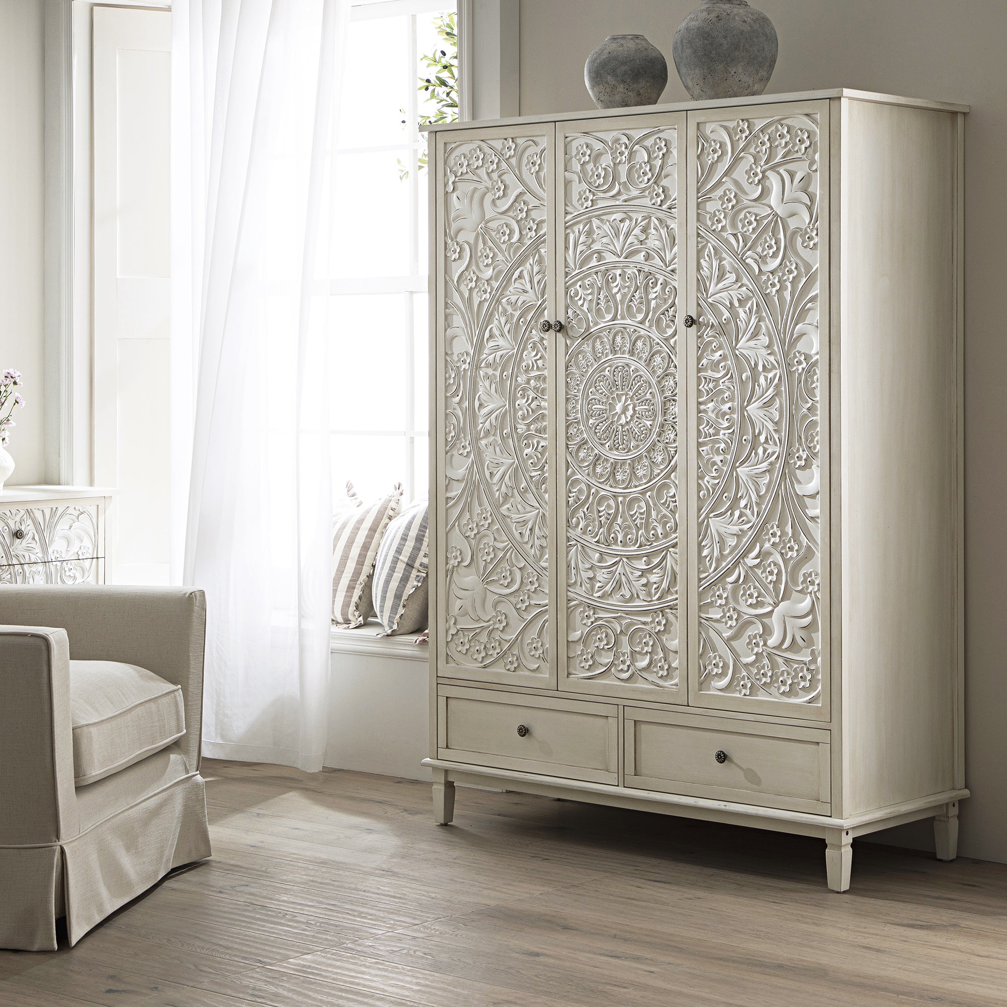 Chantilly Whitewashed Carved Triple Wardrobe