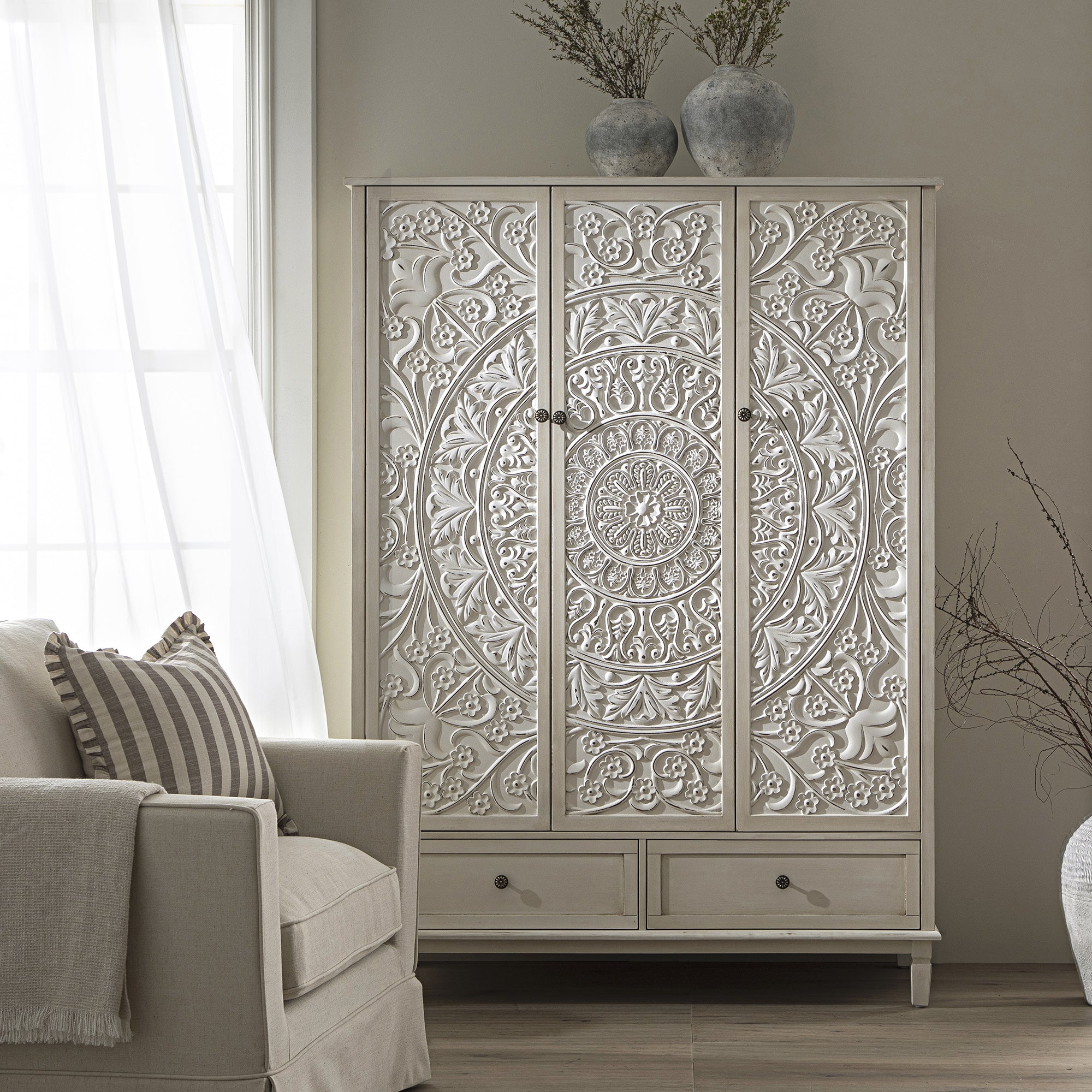 Chantilly Whitewashed Carved Triple Wardrobe