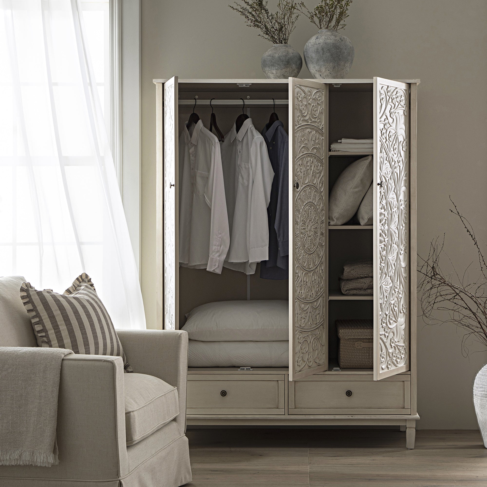 Chantilly Whitewashed Carved Triple Wardrobe