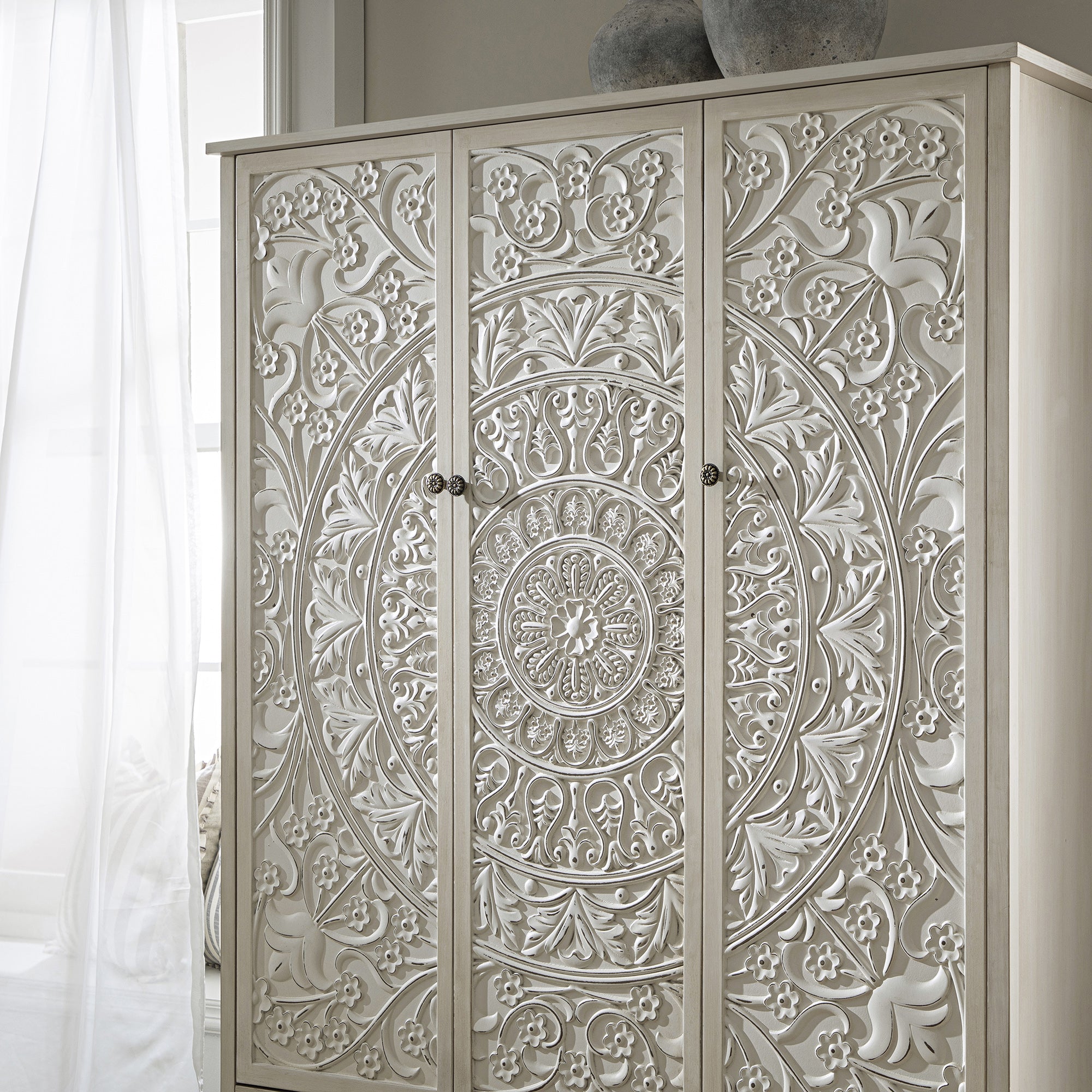 Chantilly Whitewashed Carved Triple Wardrobe