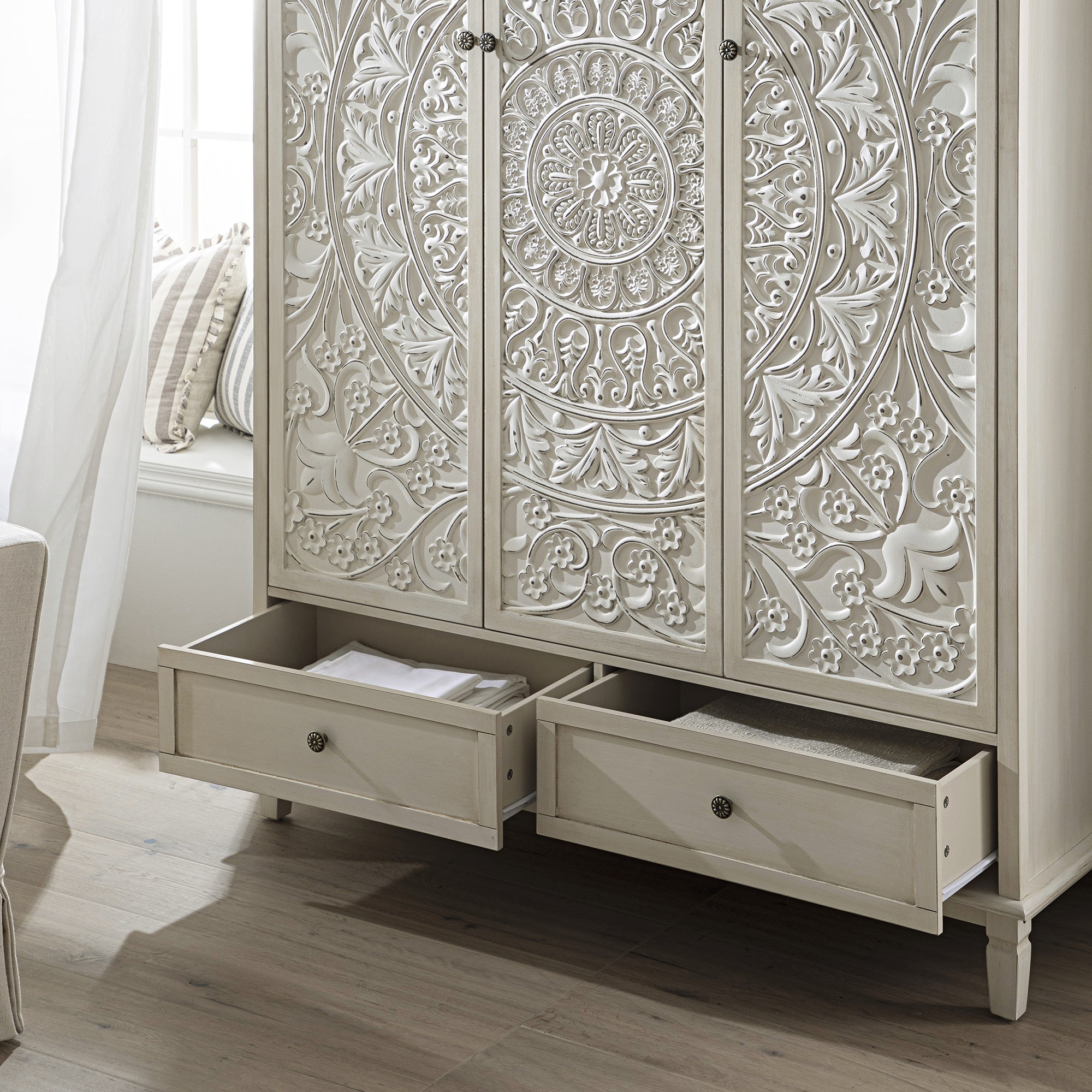 Chantilly Whitewashed Carved Triple Wardrobe