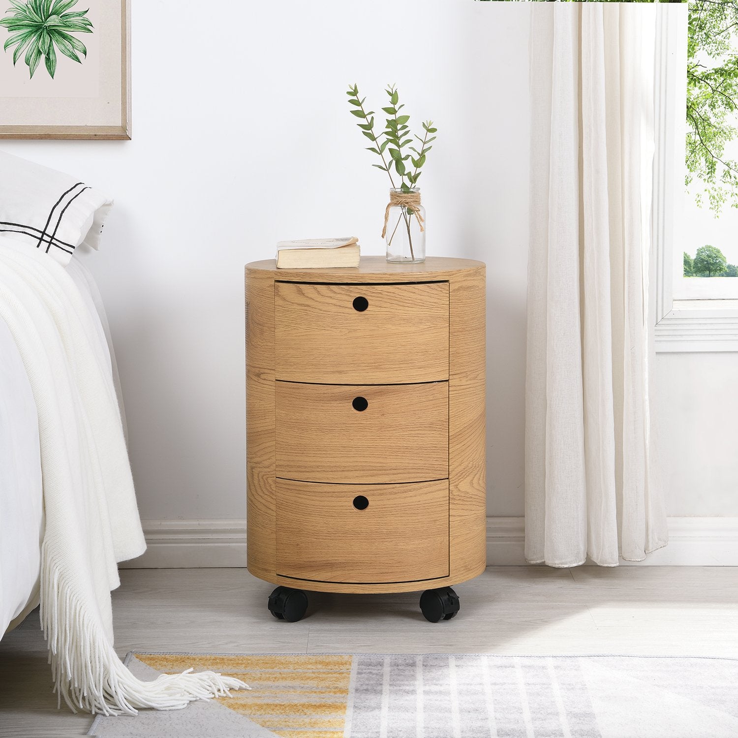 DOLIO Drum Chest Bedside Table, Barrel Side Table with Drawers Oak 3 Drawer