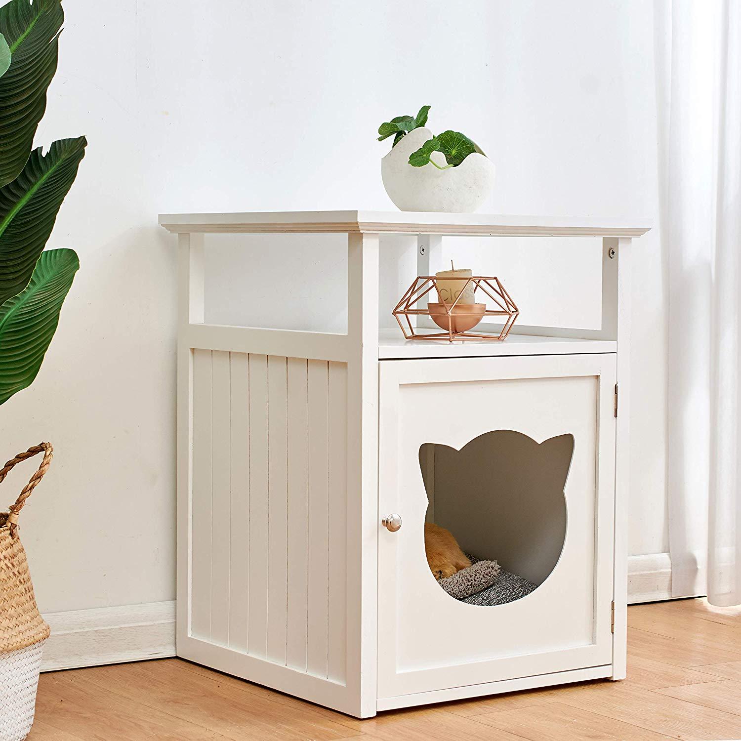 BASTET Wooden Cat Cave Bedside Cabinet Litter Box Cat House Nightstand White