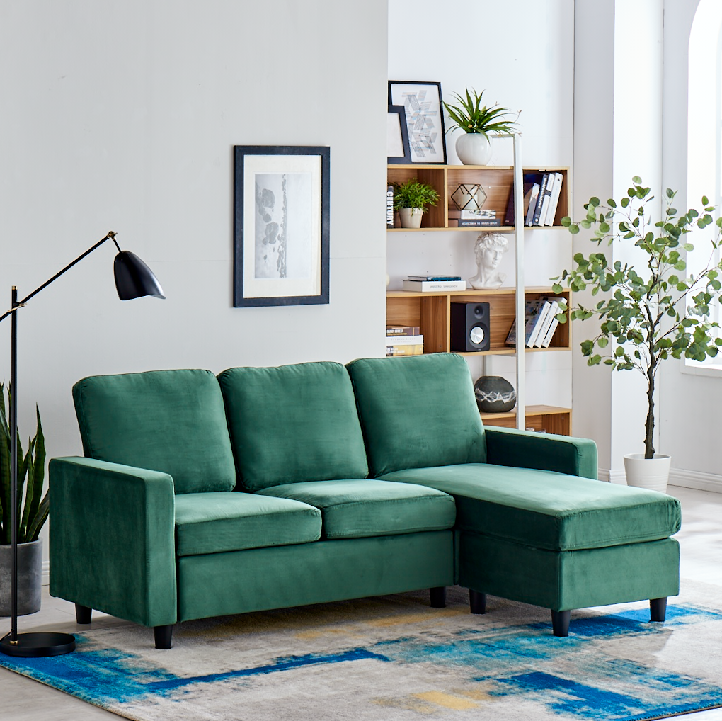 Campbell 3 Seater Sofa with Reversible Chaise in Green Velvet