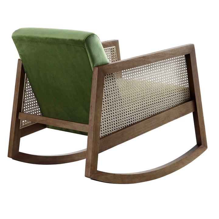 Fyne Moss Green Velvet Rocking Armchair with Rattan Armrests | daals