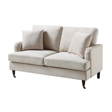 Brigette 2-Seater Beige Velvet Sofa with Antique Brass Castor Legs | daals