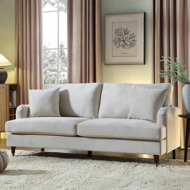 Brigette 3-Seater Beige Velvet Sofa with Antique Brass Castor Legs | daals