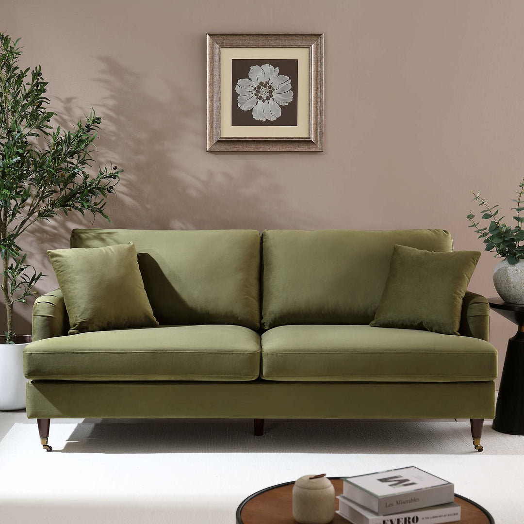 Brigette 3-Seater Olive Green Velvet Sofa with Antique Brass Castor Le ...