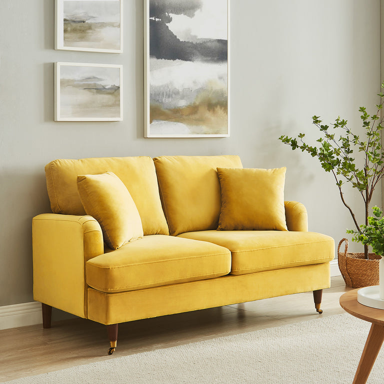 Brigette 2-Seater Mustard Velvet Sofa with Antique Brass Castor Legs ...