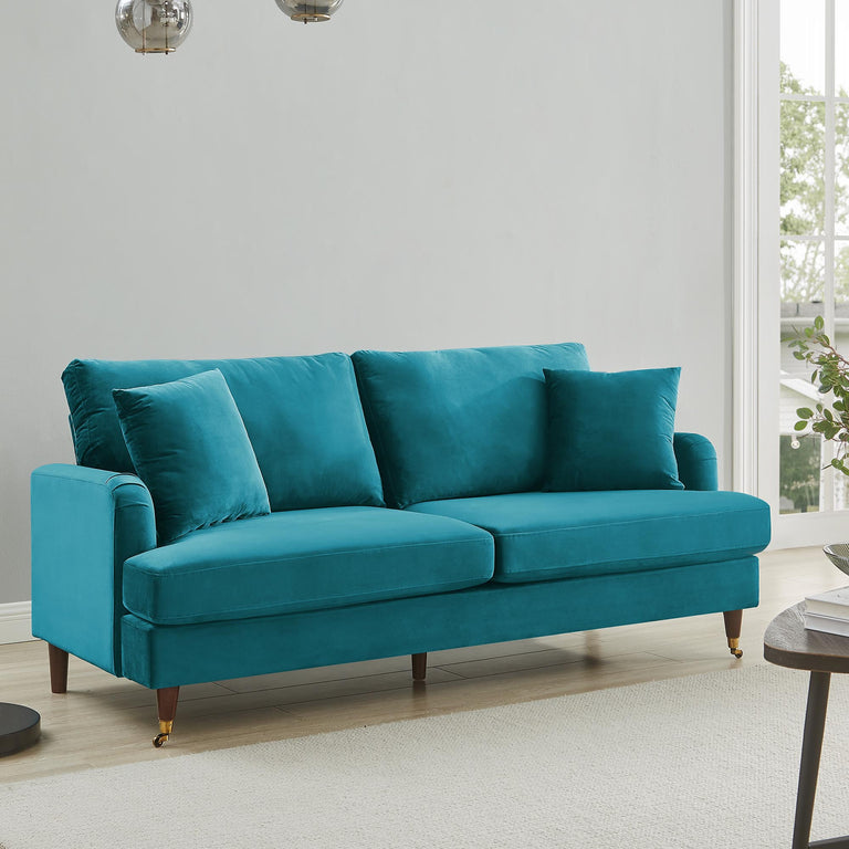 Brigette 3-Seater Teal Velvet Sofa with Antique Brass Castor Legs | daals