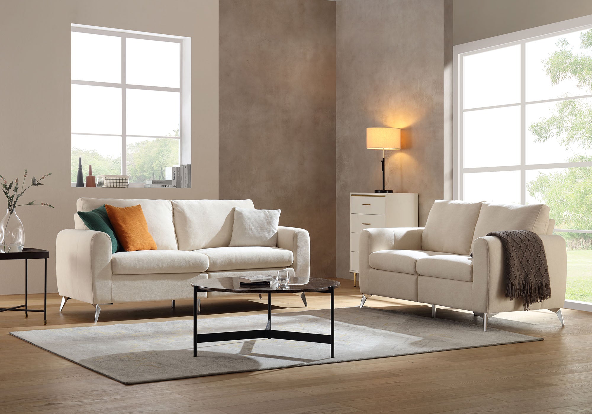 Noak 2-Seater Beige Woven Fabric Sofa with Chrome Legs