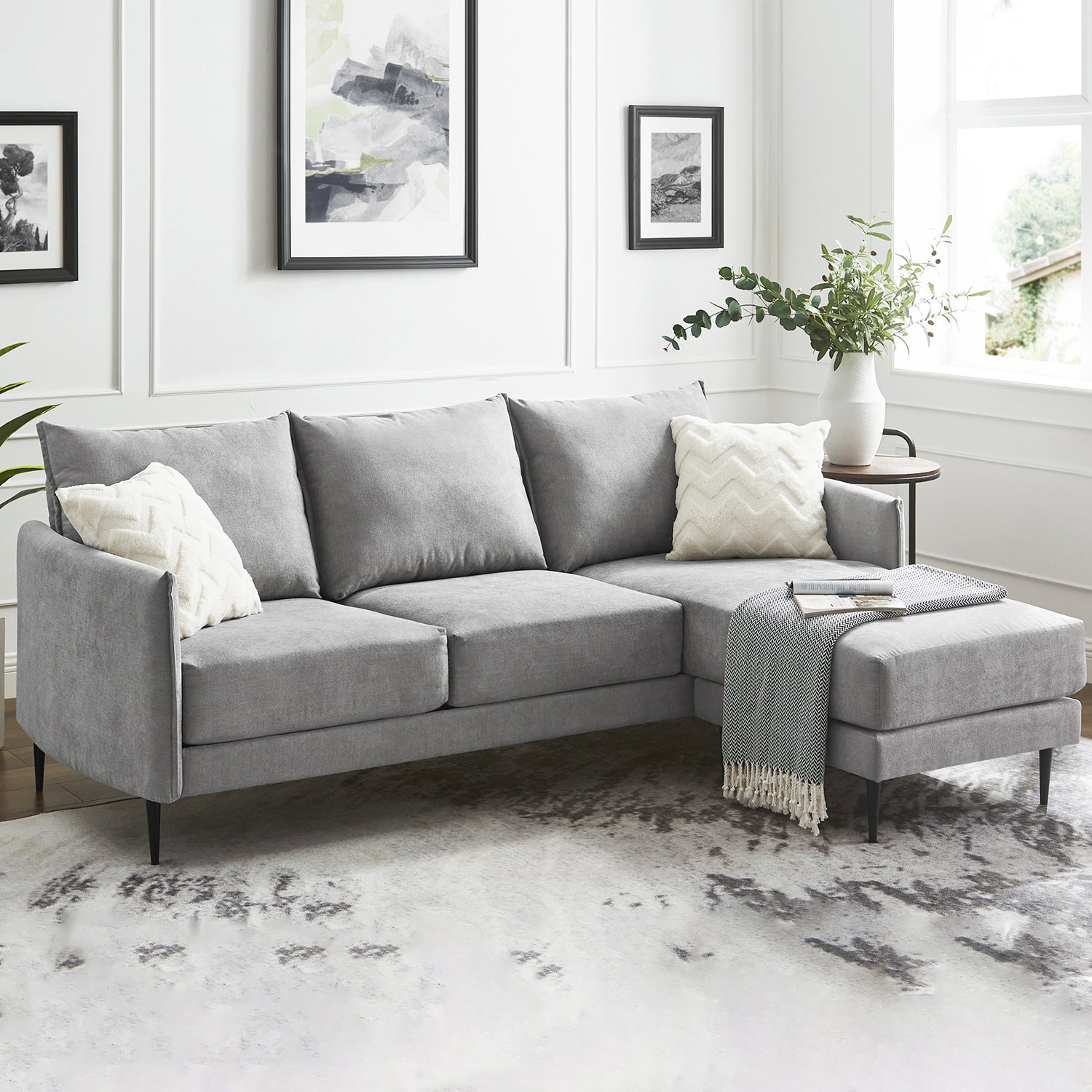 Bari Light Grey Brushed Fabric Chaise Sofa