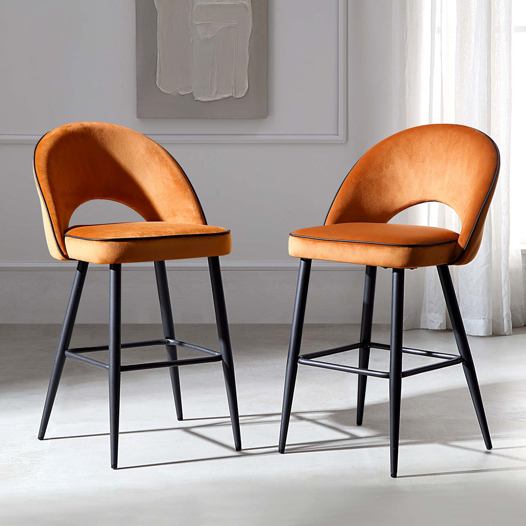 Oakley Set of 2 Orange Velvet Upholstered Counter Stools with Contrast ...