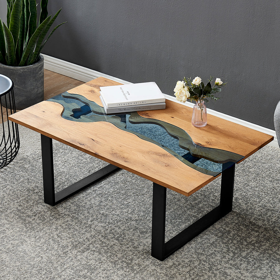 Kelonwa River Effect solid Oak and inset Glass Coffee Table | daals