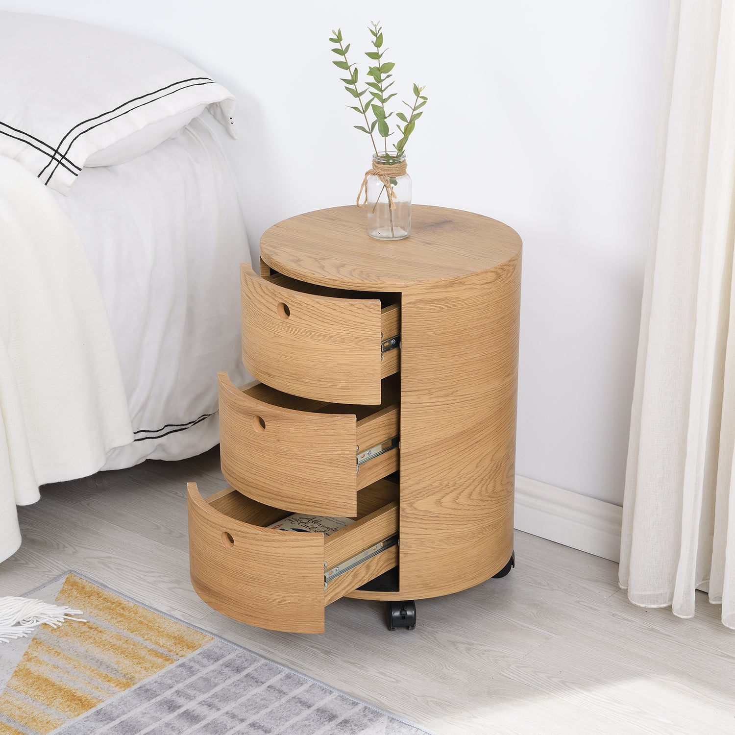 DOLIO Drum Chest Bedside Table, Barrel Side Table with Drawers Oak 3 Drawer