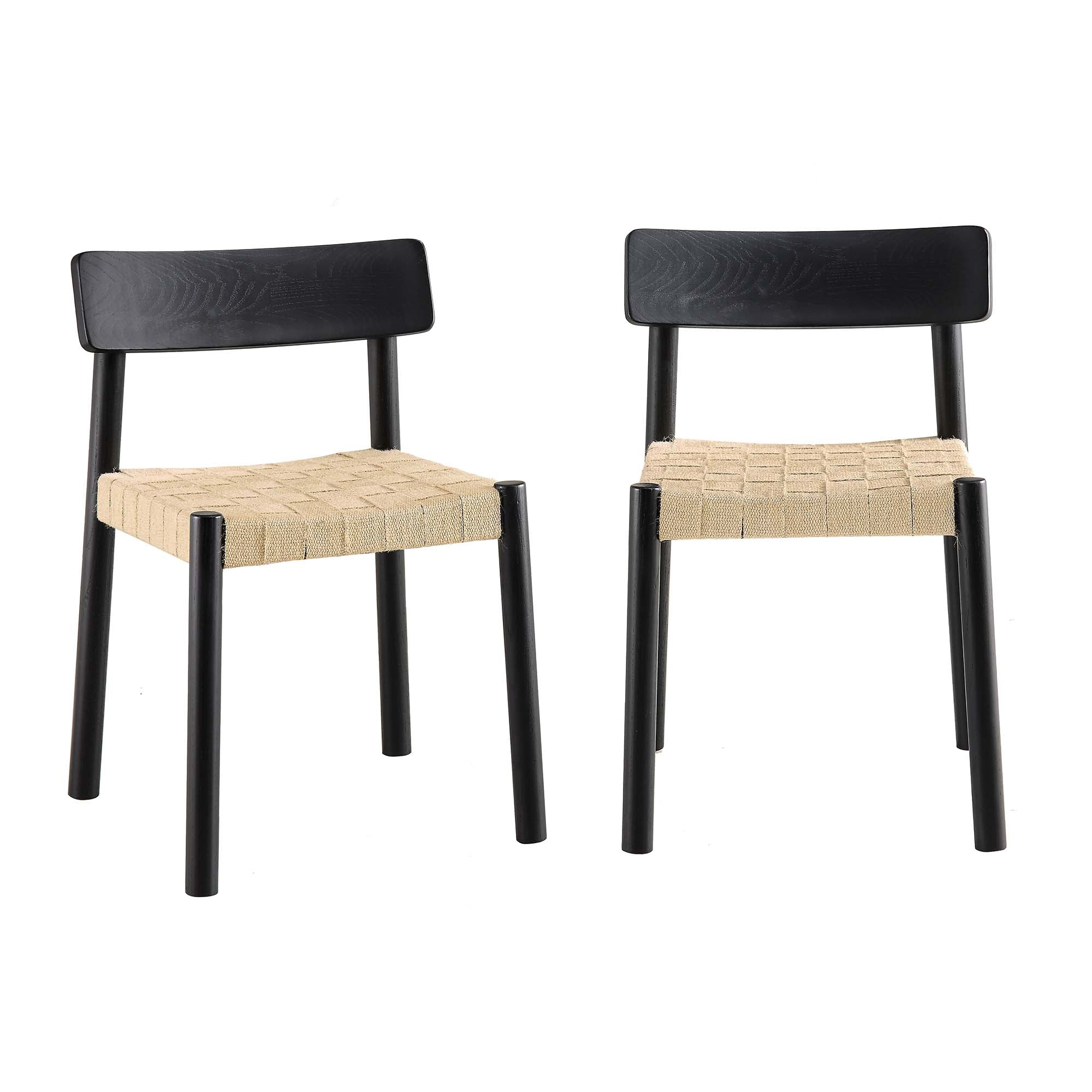 Ditton Set of 2 Elm Wood and Jute Dining Chairs, Black