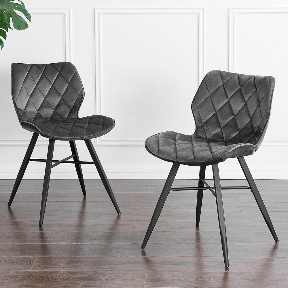 Set of 2 Ampney Velvet Diamond Stitch Dining Chairs with Metal Legs (Dark Grey Velvet)