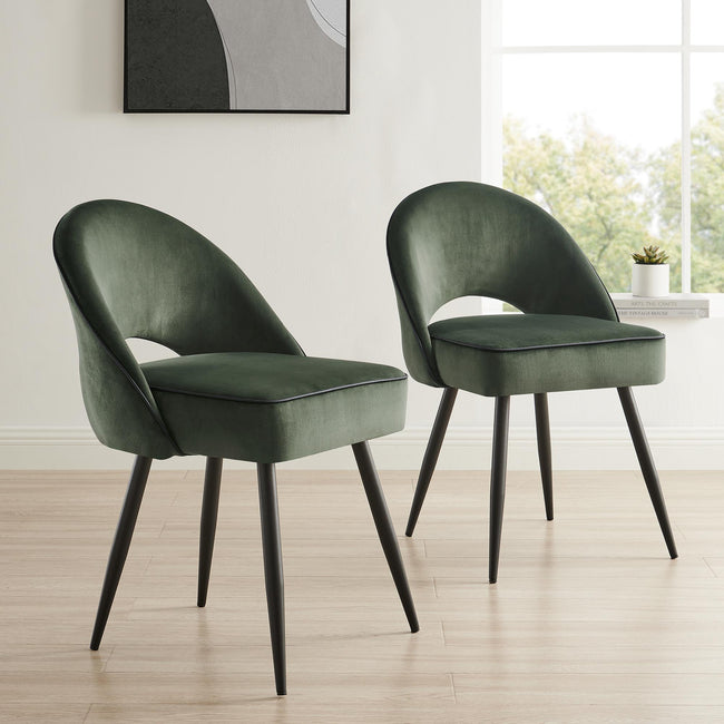 Oakley Set of 2 Dark Green Velvet Upholstered Dining Chairs with Contr ...