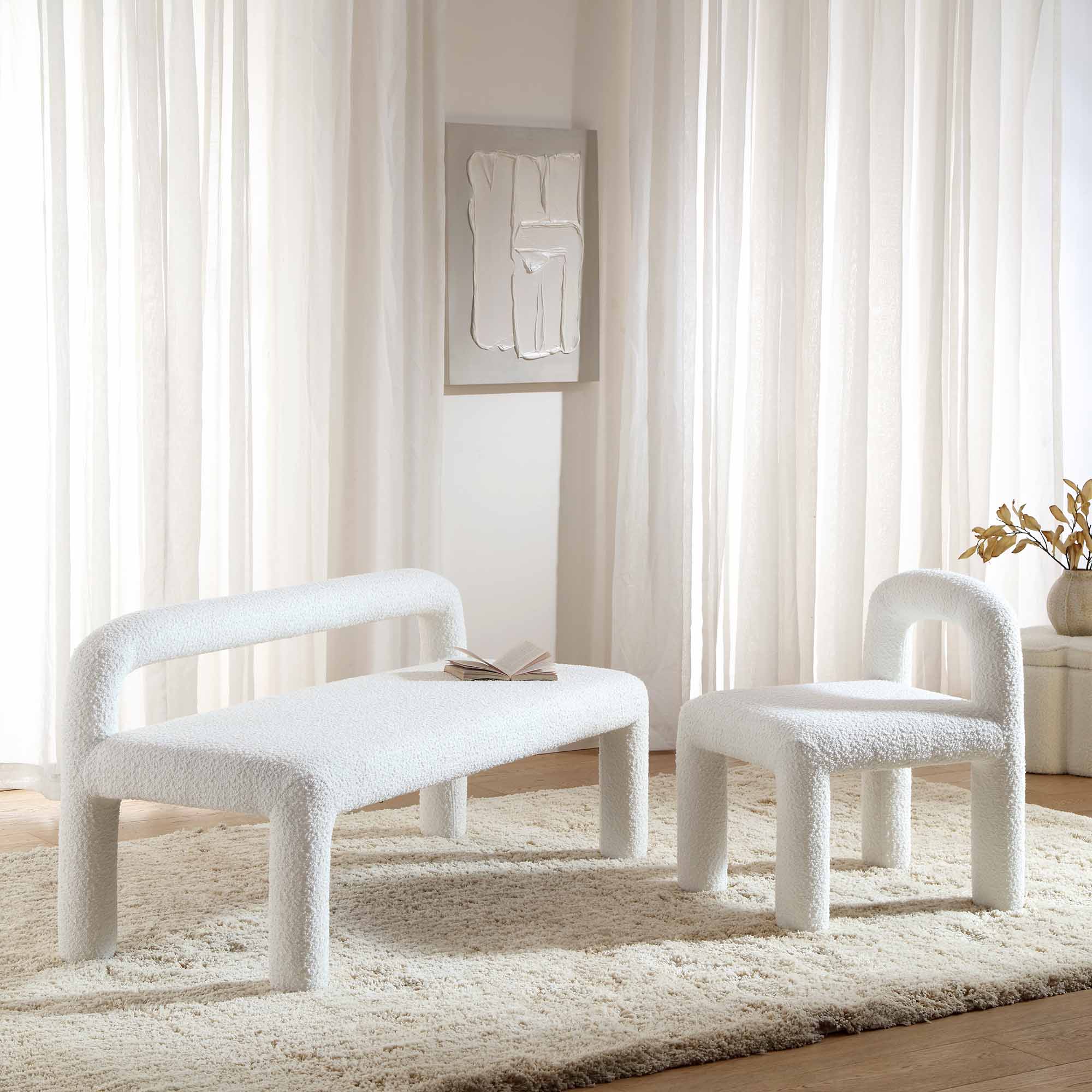 Libby Light White Boucle 3 Seater Dining Bench